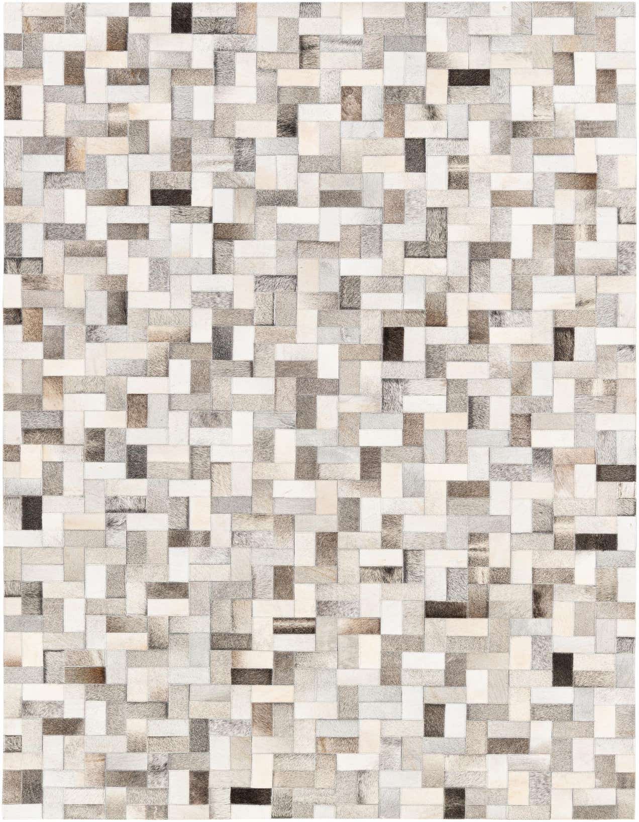 A 5x8 rectangular, multi-colored modern cowhide rug with a patchwork design, featuring various shades of brown, gray, and white.