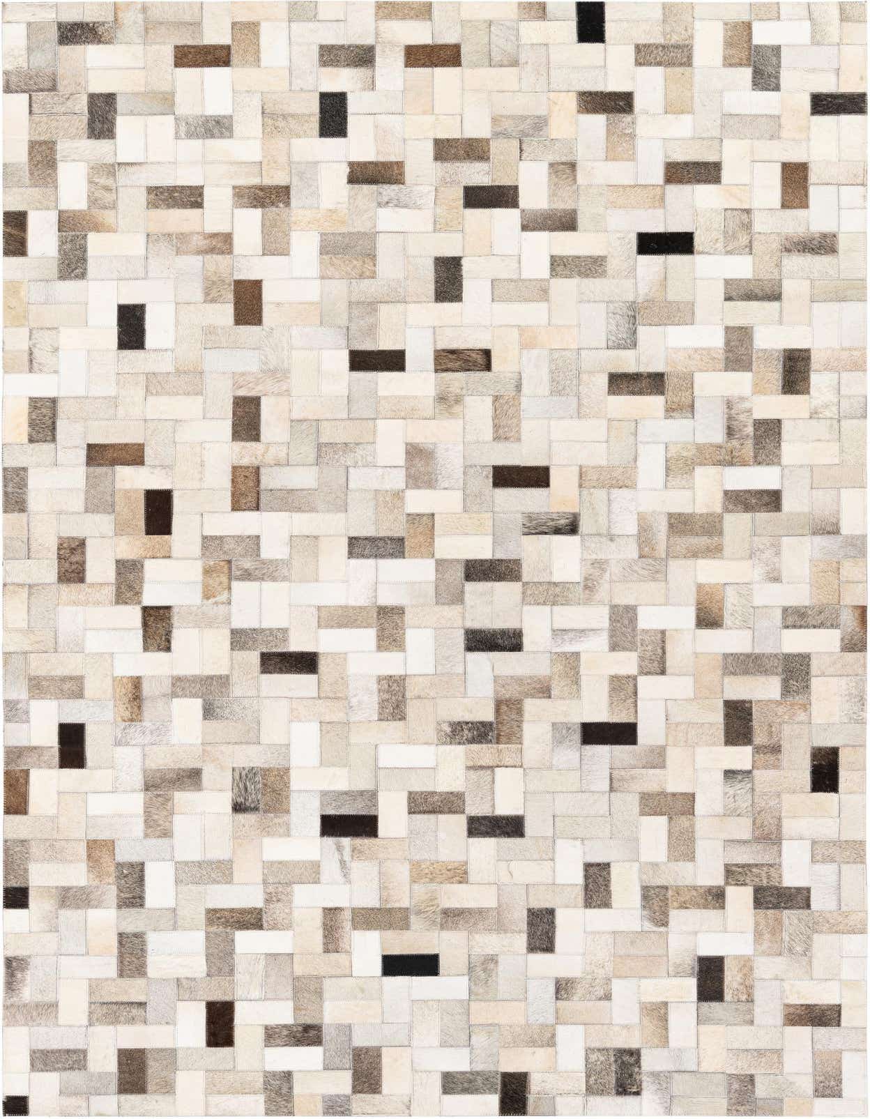 A 5x8 rectangular Cowhide Stocks rug featuring a modern patchwork of multi-colored cowhide and leather rectangles in varying shades of brown, beige, and cream.