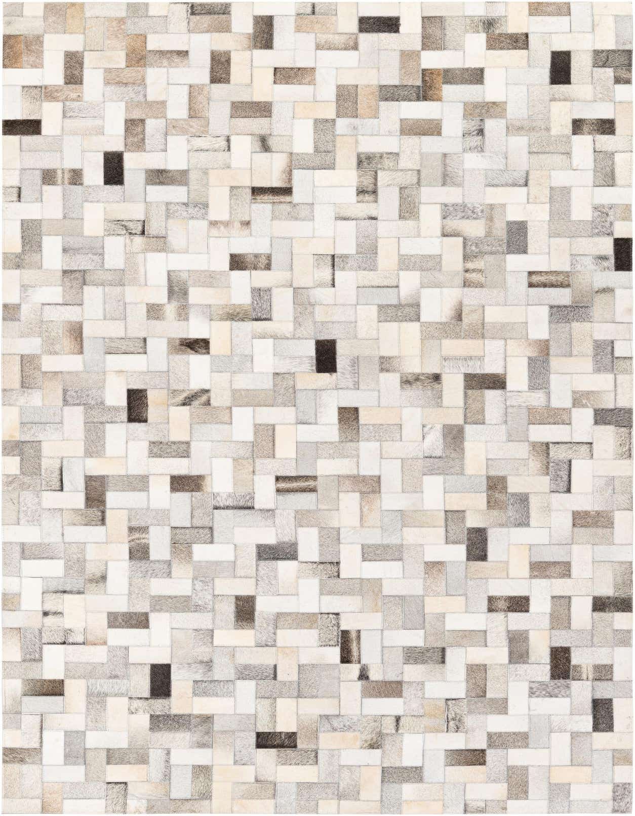 A rectangular 5x8 Cowhide Stocks rug featuring a modern patchwork of multi-colored cowhide and leather squares.