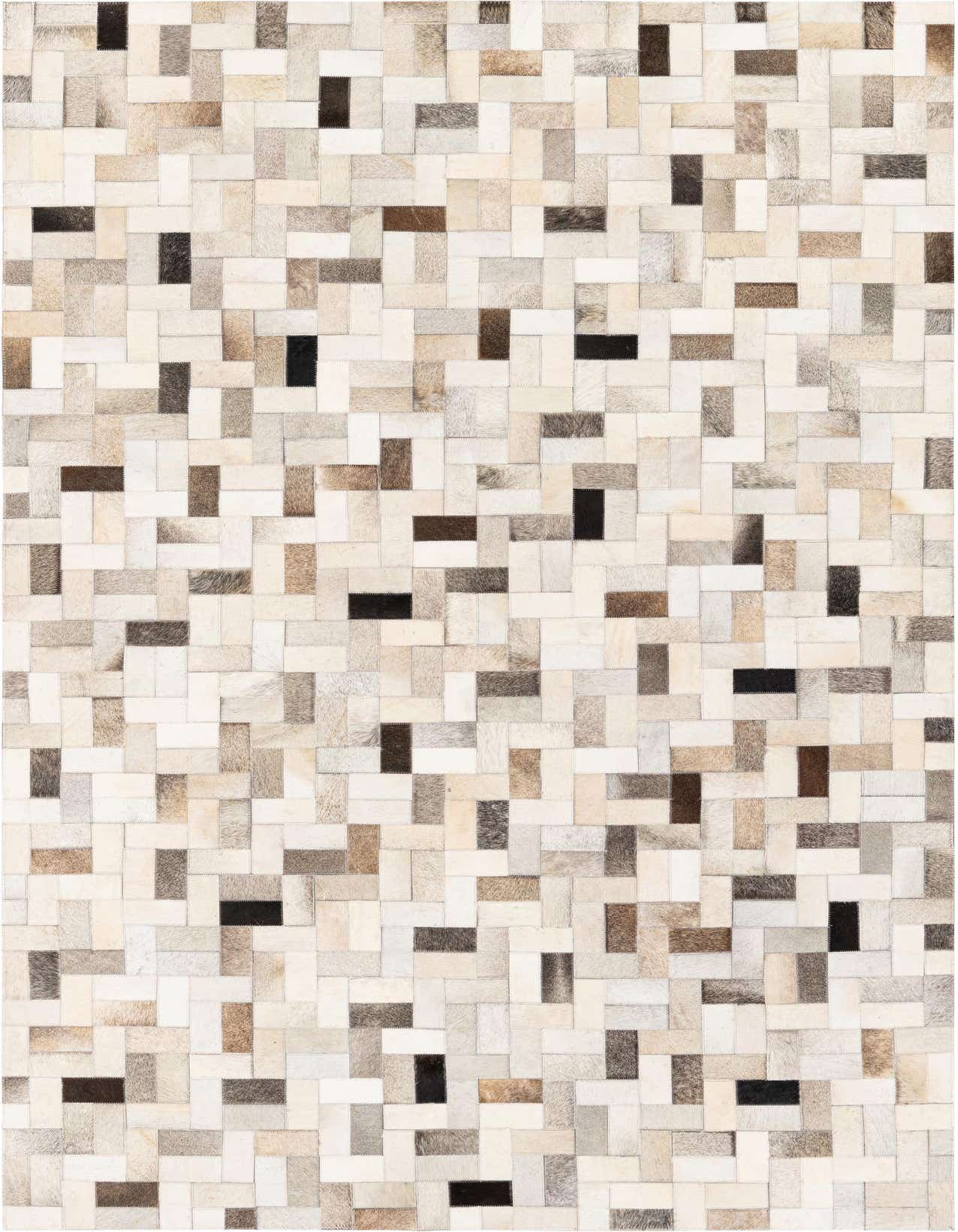 A rectangular 5x8 modern Cowhide Stocks rug featuring a multi-colored patchwork of natural cowhide and leather in varying shades of brown, beige, and black.