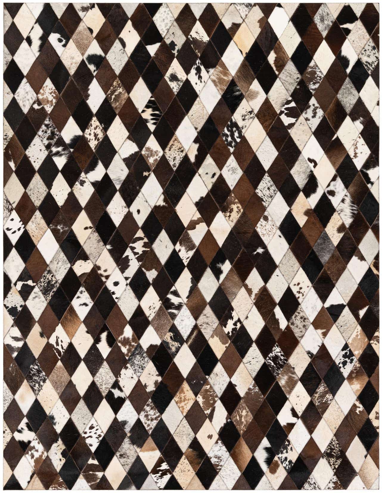 A 5x8 rectangular Cowhide Stocks rug featuring a modern diamond pattern in multi-colored natural cowhide patches.