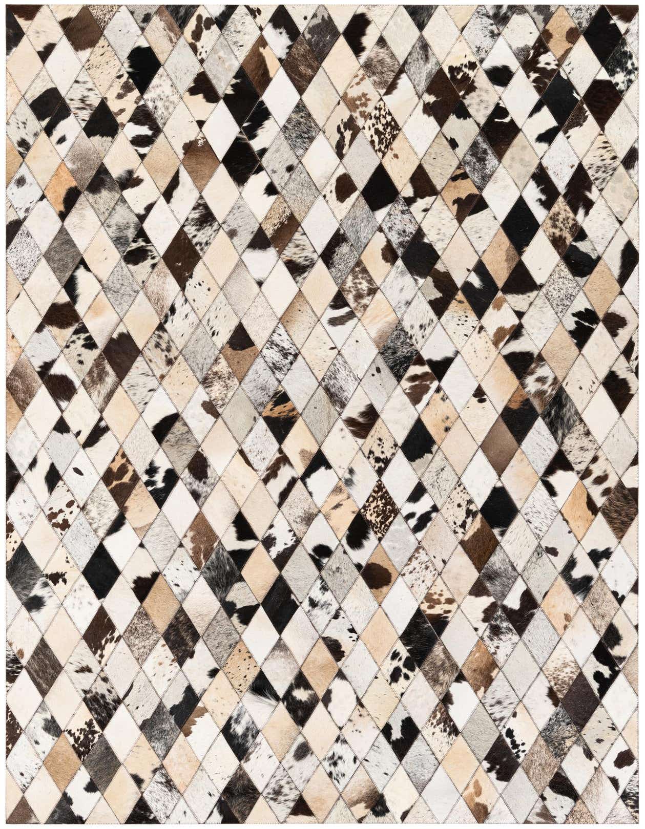 A 5x8 rectangular Cowhide Stocks rug featuring a modern diamond patchwork pattern in varied multi-colored natural cowhide and leather tones.