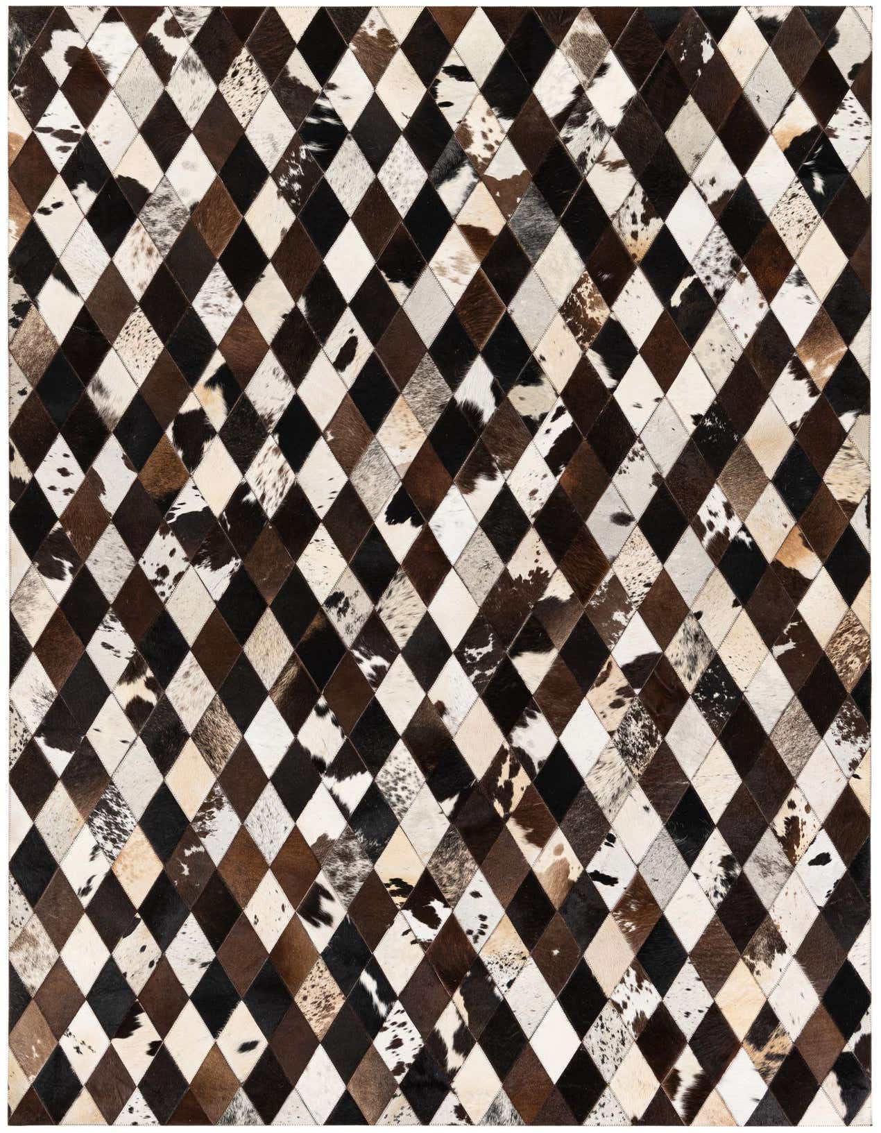 A 5x8 rectangular Cowhide Stocks rug featuring a modern harlequin diamond pattern in various shades of brown, black, and white cowhide patches.