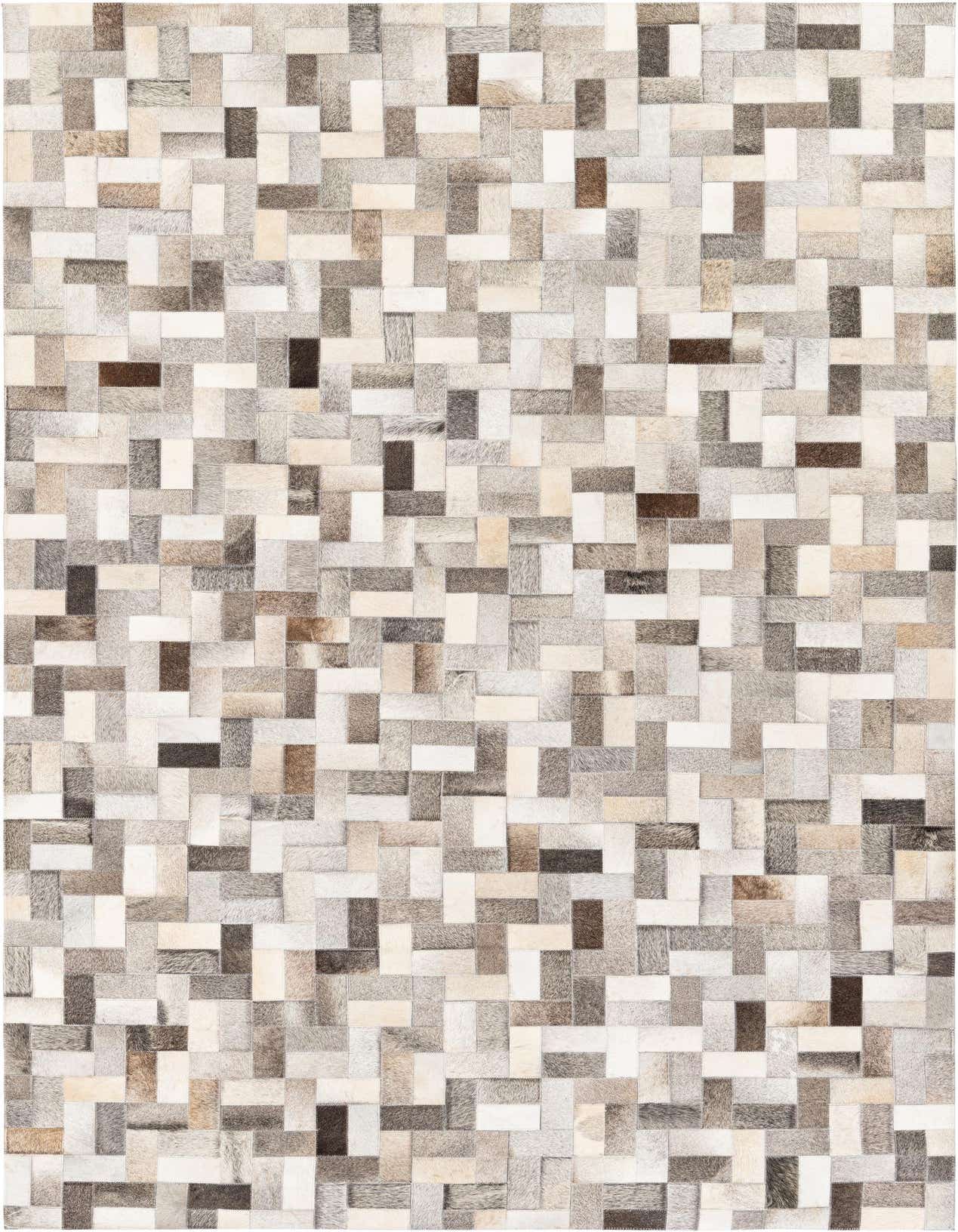 A 5x8 rectangular Cowhide Stocks rug featuring a modern patchwork of multi-colored cowhide and leather squares.