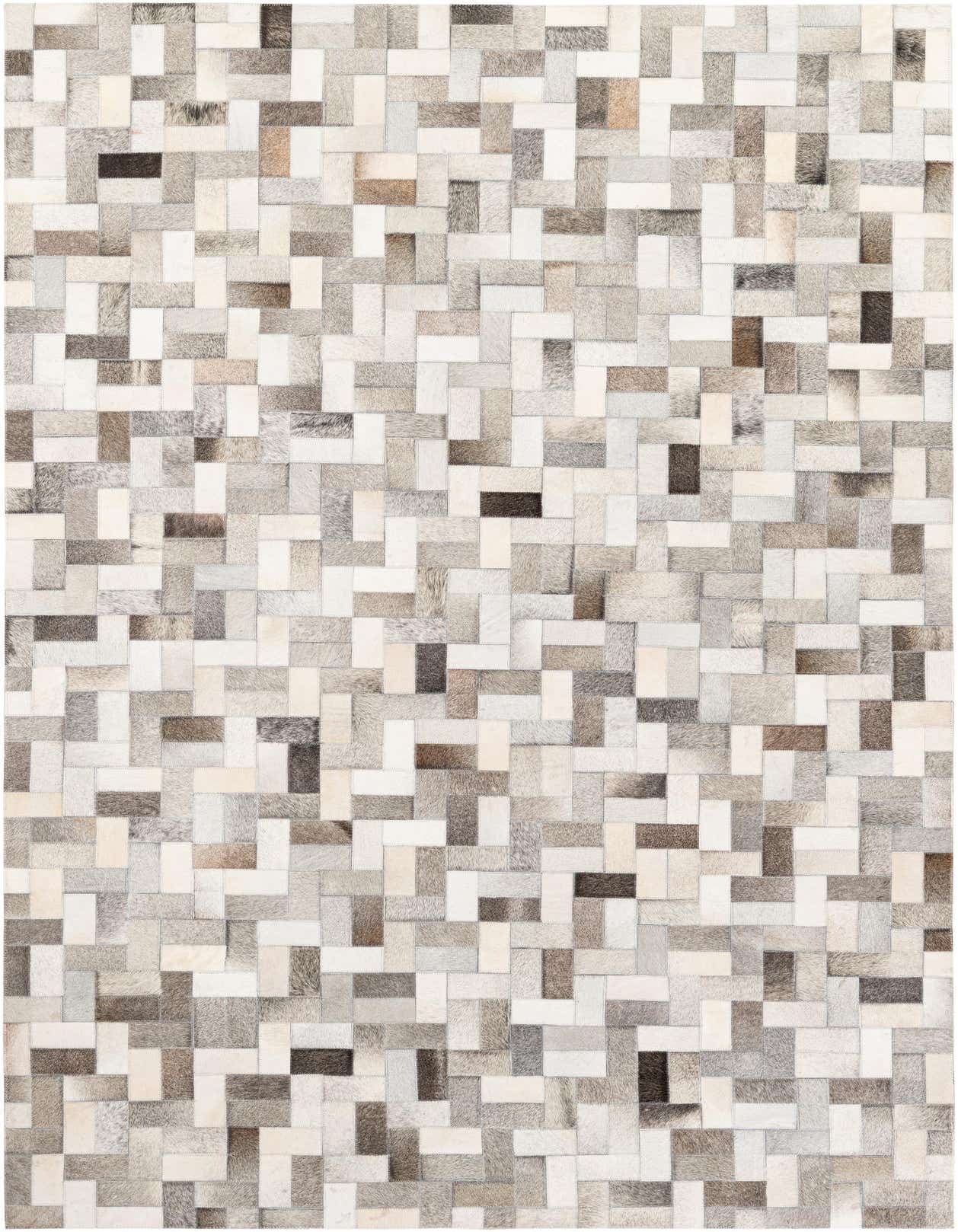 A 5x8 rectangular Cowhide Stocks rug featuring a modern striped pattern in multi-colored patches of natural cowhide and leather.