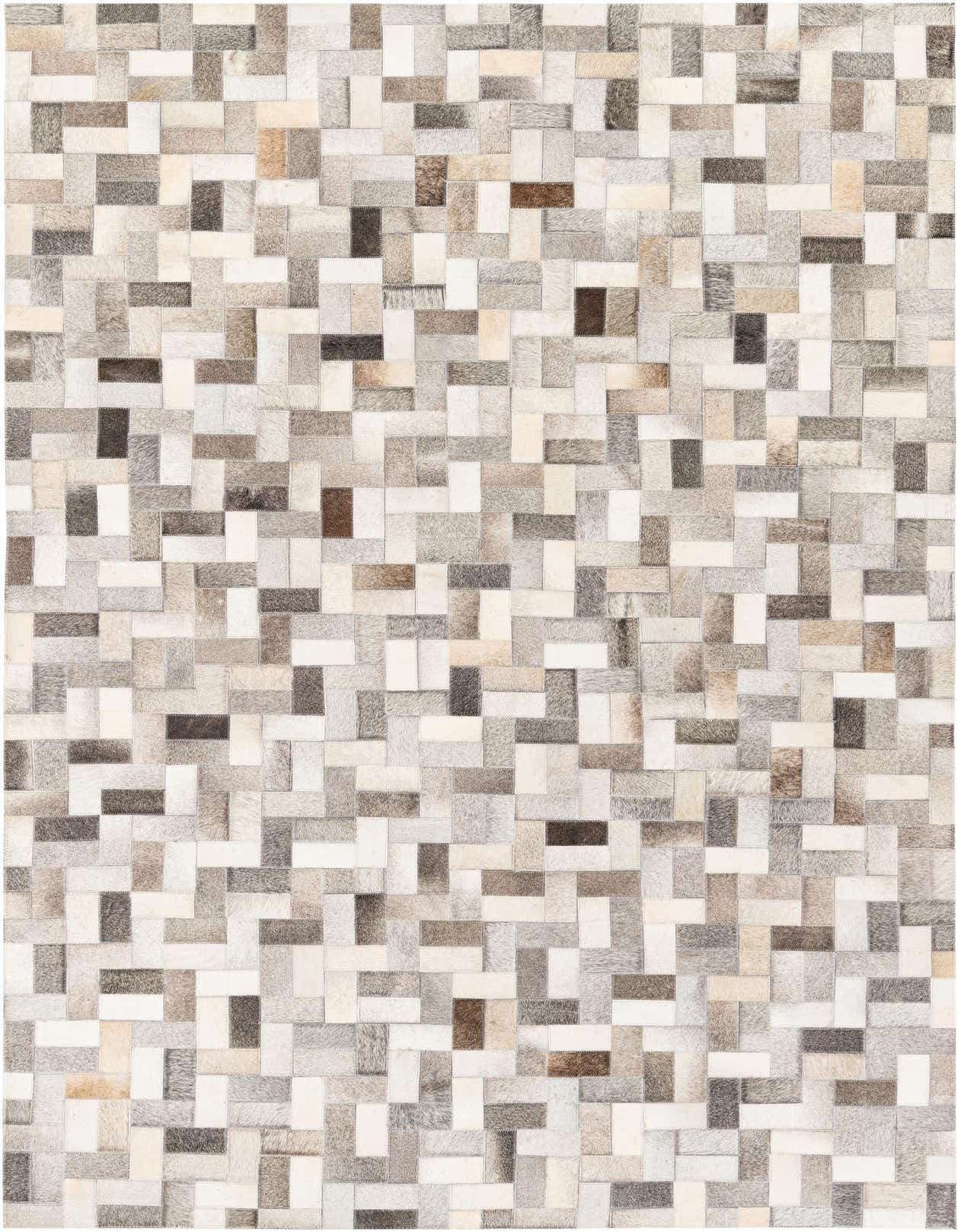A rectangular 5x8 modern cowhide rug featuring a multi-colored patchwork stripe pattern in various shades of brown, grey, and white.