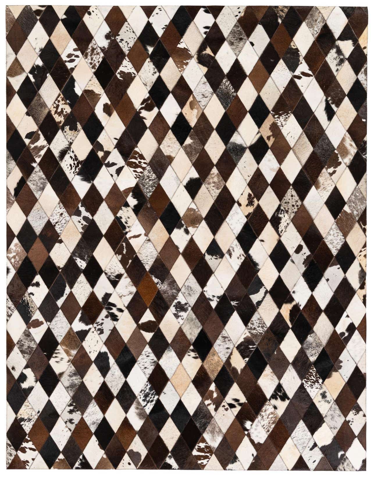 A 5x8 rectangular Cowhide Stocks rug featuring a modern diamond pattern in multi-colored patches of brown, black, and white cowhide.
