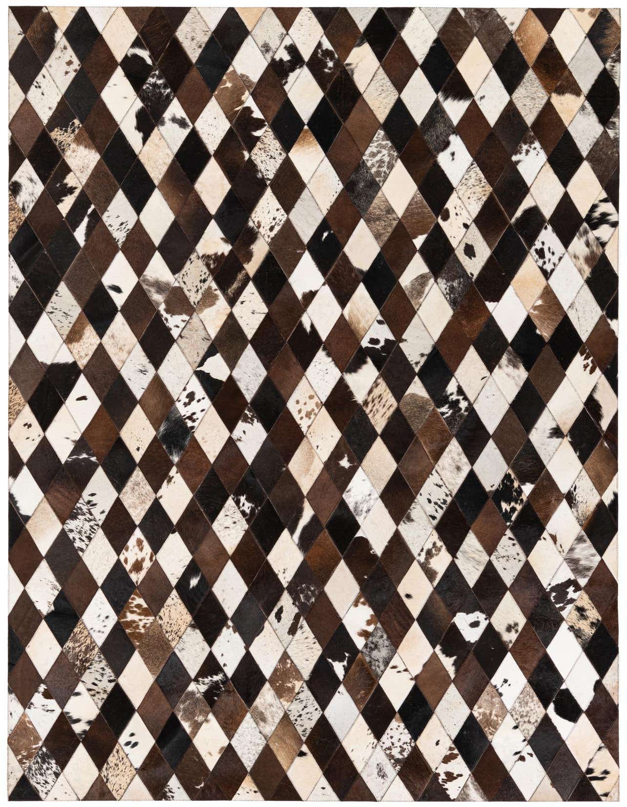 A 5x8 rectangular Cowhide Stocks rug featuring a modern diamond patchwork pattern in multi-colored natural cowhide and leather.