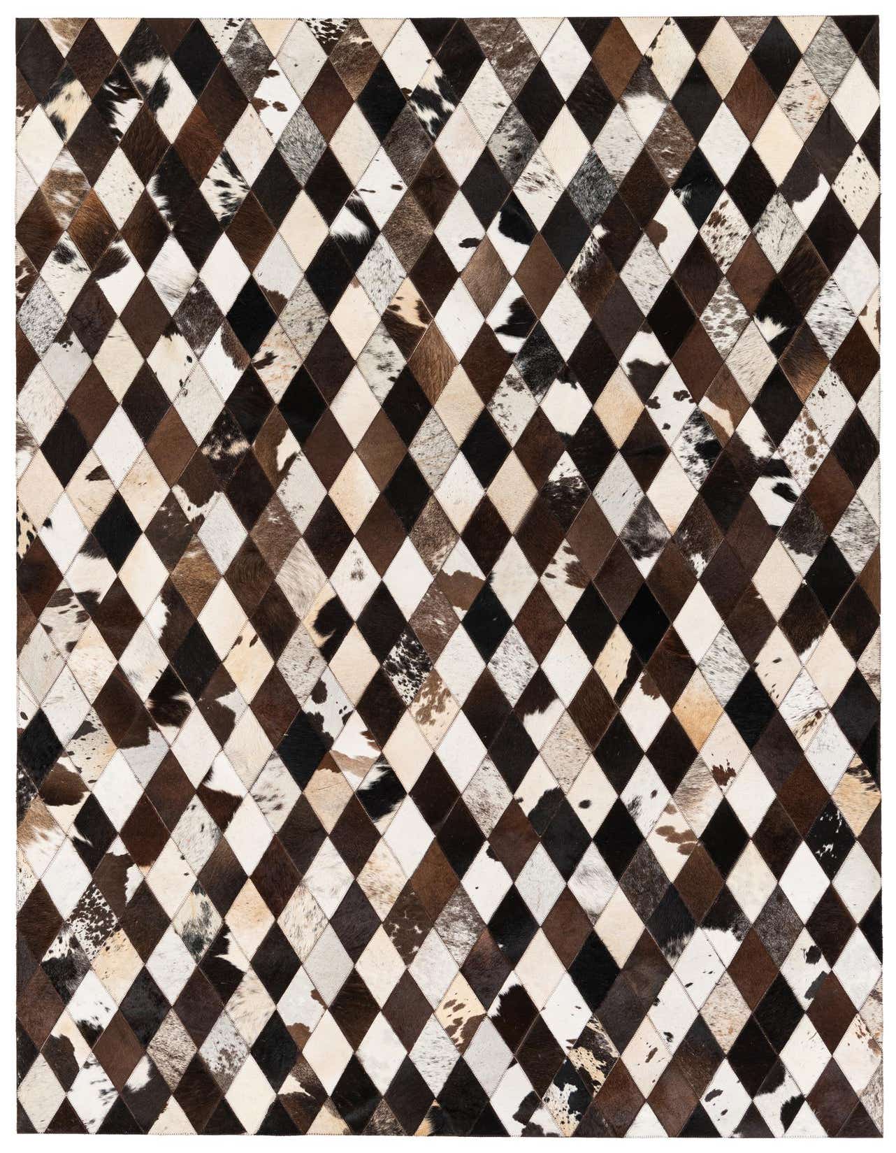 A 5x8 rectangular Cowhide Stocks rug featuring a modern diamond patchwork pattern in multi-colored natural cowhide.