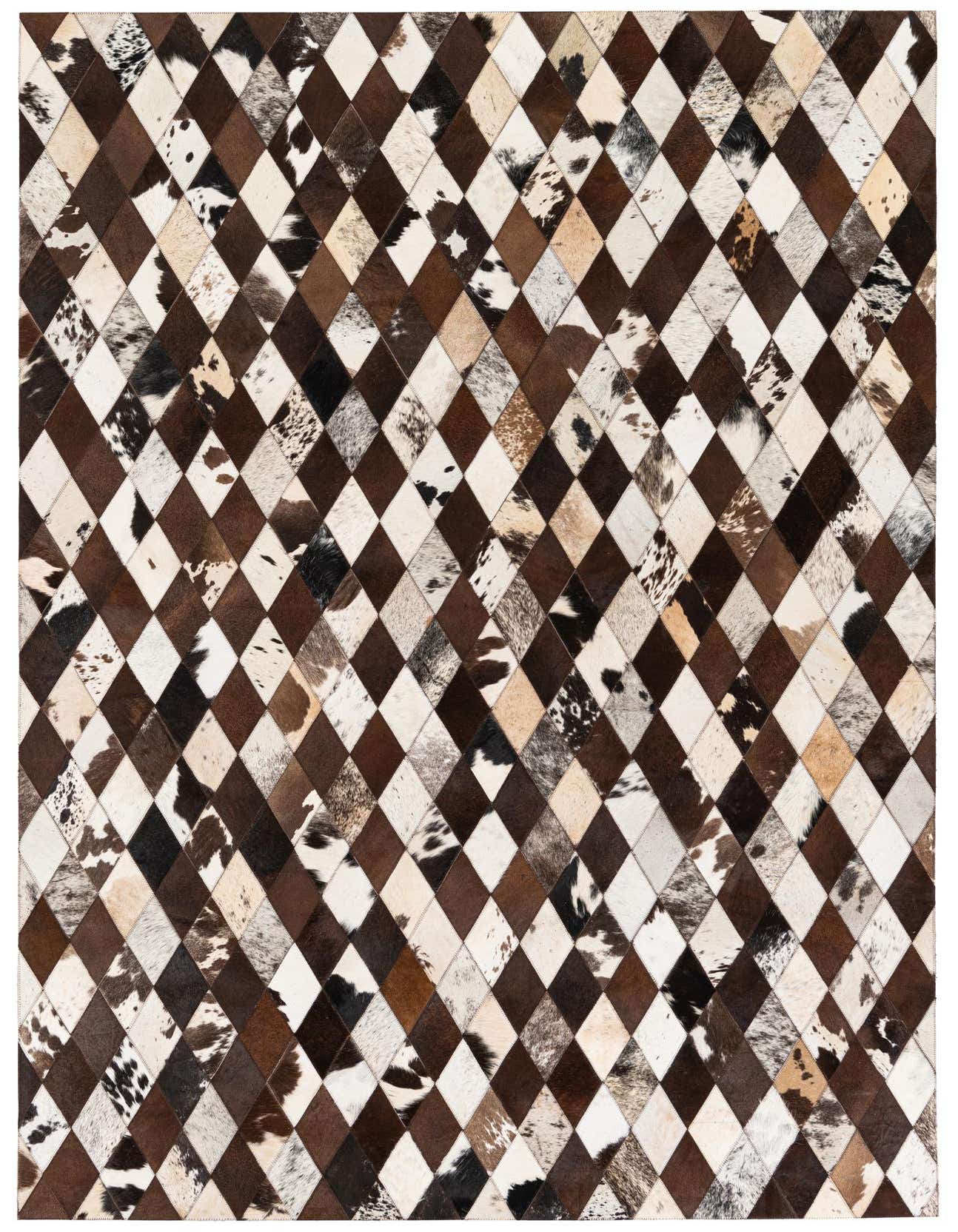 A rectangular 5x8 modern cowhide rug featuring a multi-colored diamond pattern with various shades of brown, white, and black patches.