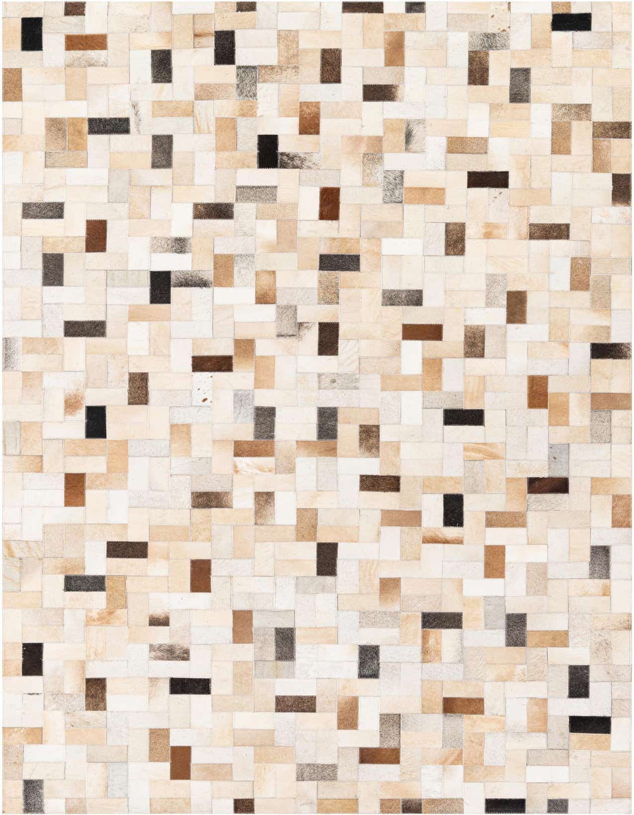 A rectangular 5x8 Cowhide Stocks rug featuring a modern abstract patchwork of multi-colored cowhide and leather in various natural shades.