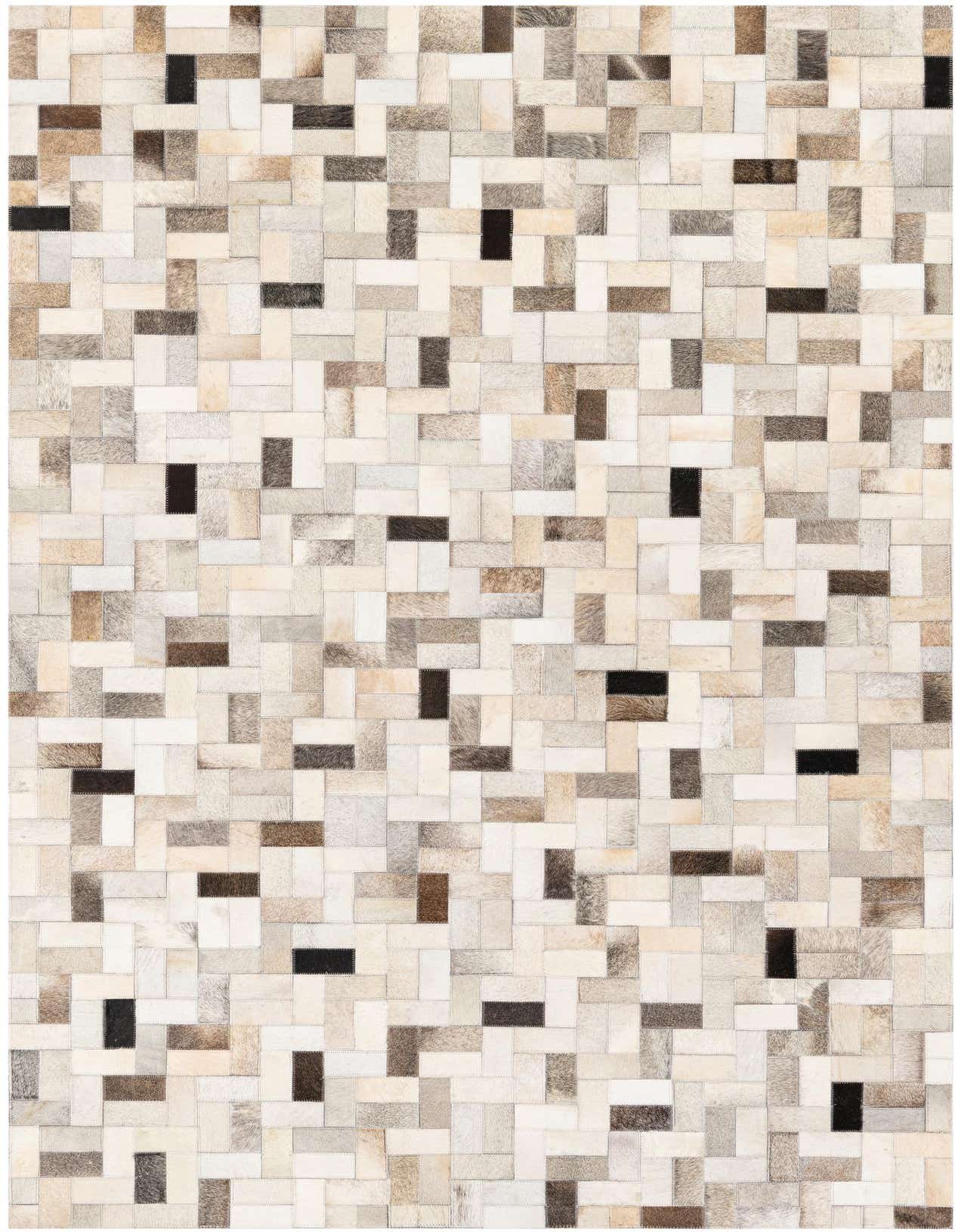 A 5x8 rectangular Cowhide Stocks rug featuring a modern patchwork of multi-colored cowhide and leather rectangles in varying shades of brown, beige, and white.