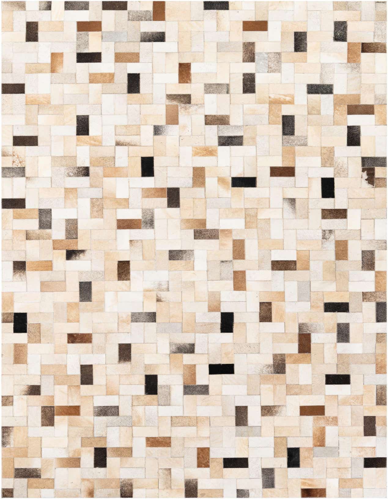 A rectangular 5x8 modern patchwork cowhide rug featuring various shades of brown, black, and cream leather pieces.
