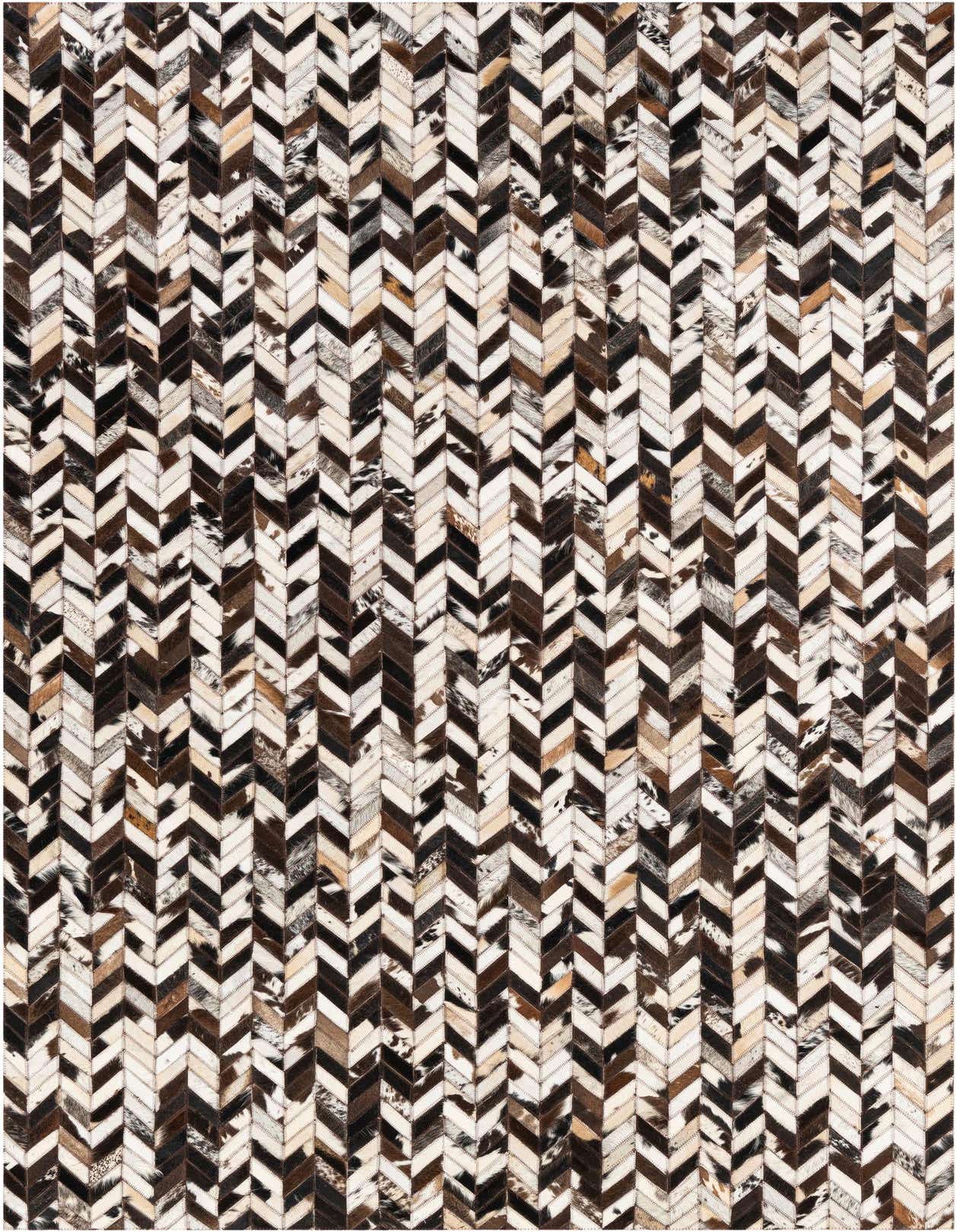 A 5x8 rectangular Cowhide Stocks rug featuring a modern multi-colored chevron pattern made from genuine cowhide and leather.