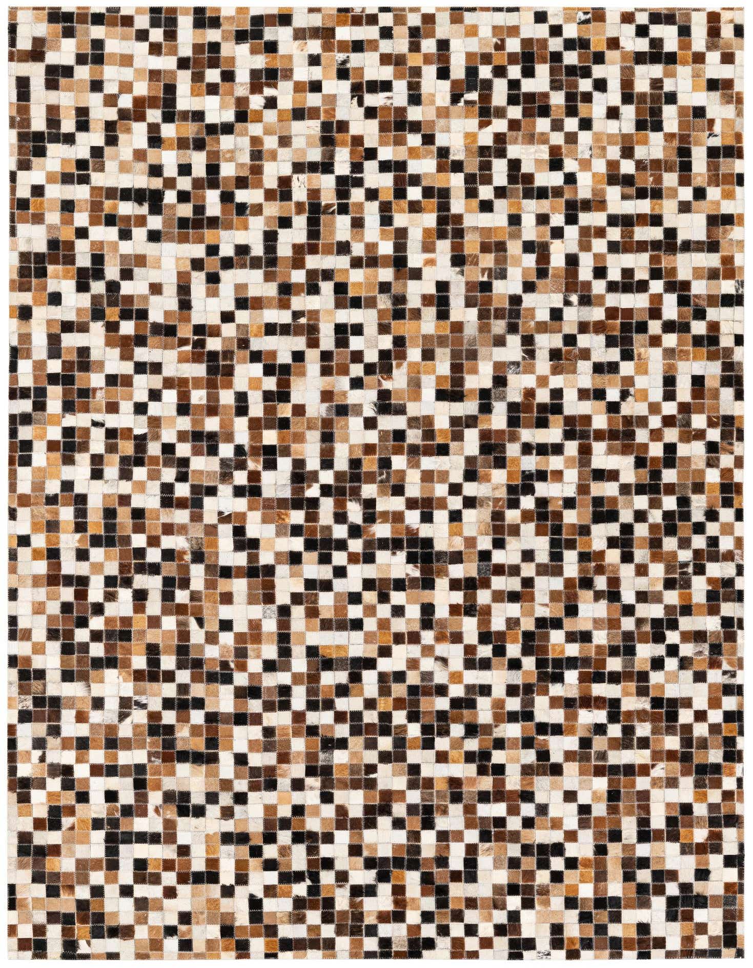 A 5x8 rectangular Cowhide Stocks rug by Rugs.com, featuring a modern patchwork of multi-colored cowhide squares in shades of brown, black, and white.