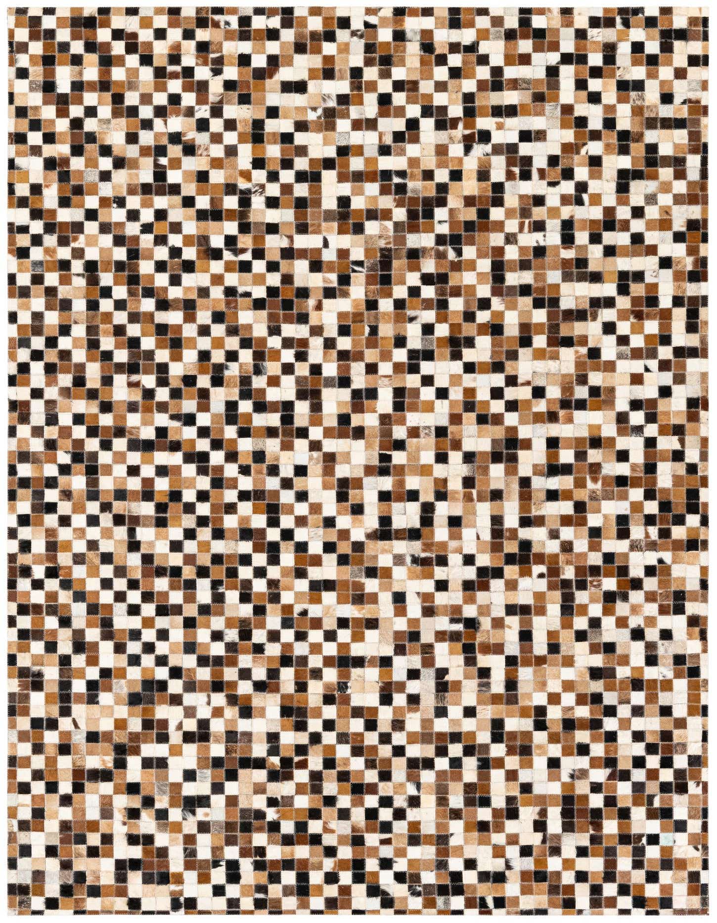 A 5x7 rectangular multi-colored modern rug featuring a mosaic of small square cowhide patches in black, brown, and white tones.