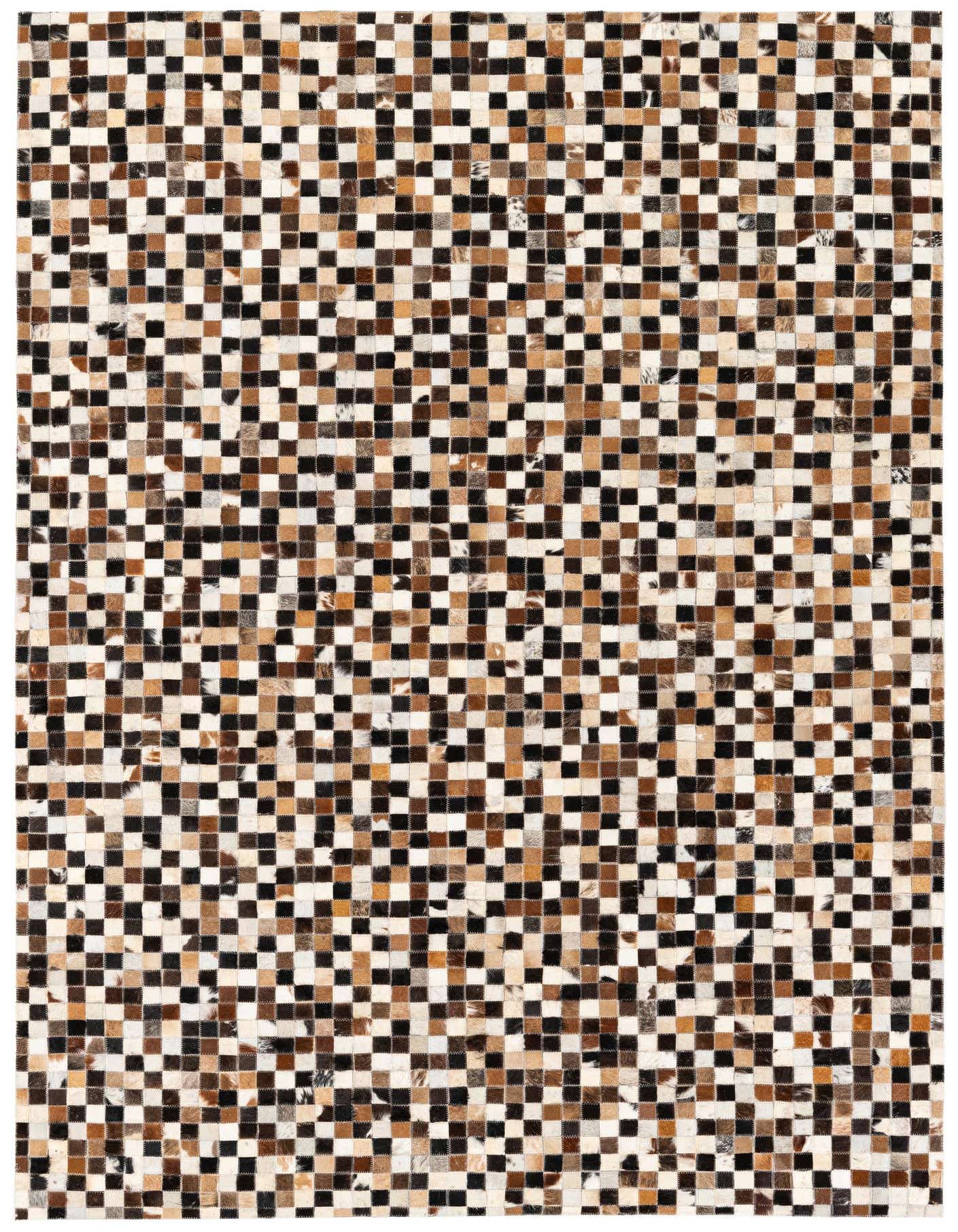A rectangular 5x8 modern area rug made from multi-colored cowhide and leather patches, forming a checkerboard pattern.