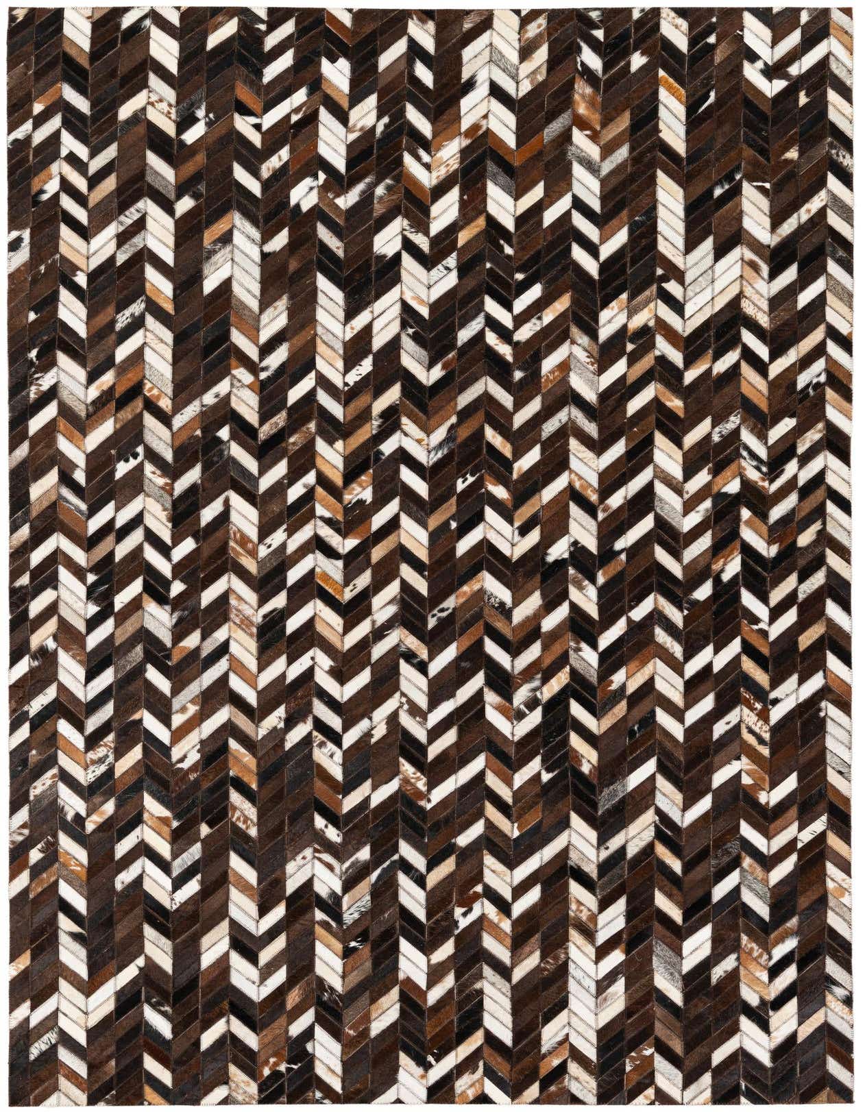 A 5x8 rectangular Cowhide Stocks rug featuring a modern chevron pattern in multi-colored brown, black, and white cowhide patches.