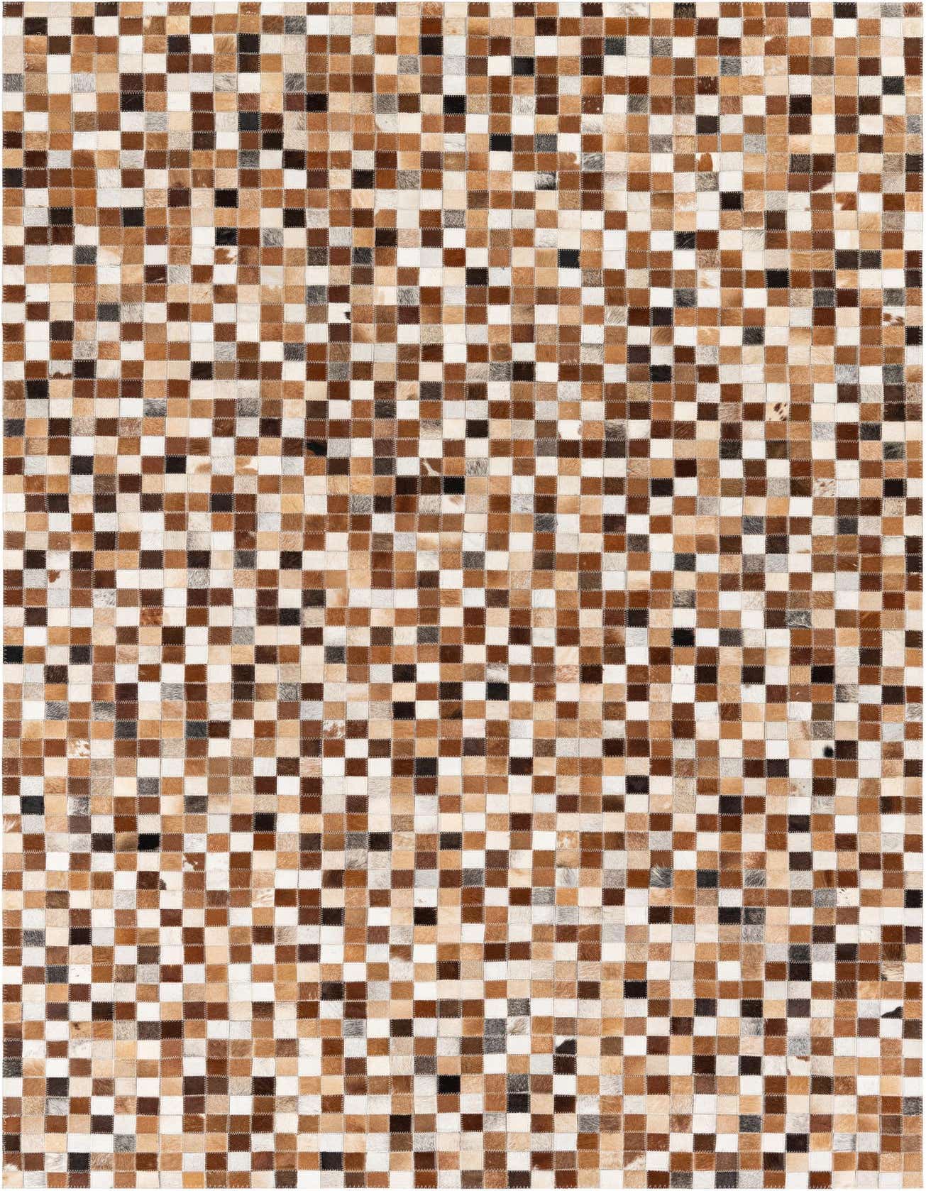 A 5x8 rectangular Cowhide Stocks rug by Rugs.com, featuring a modern patchwork of multi-colored cowhide squares in various shades of brown, white, and black.