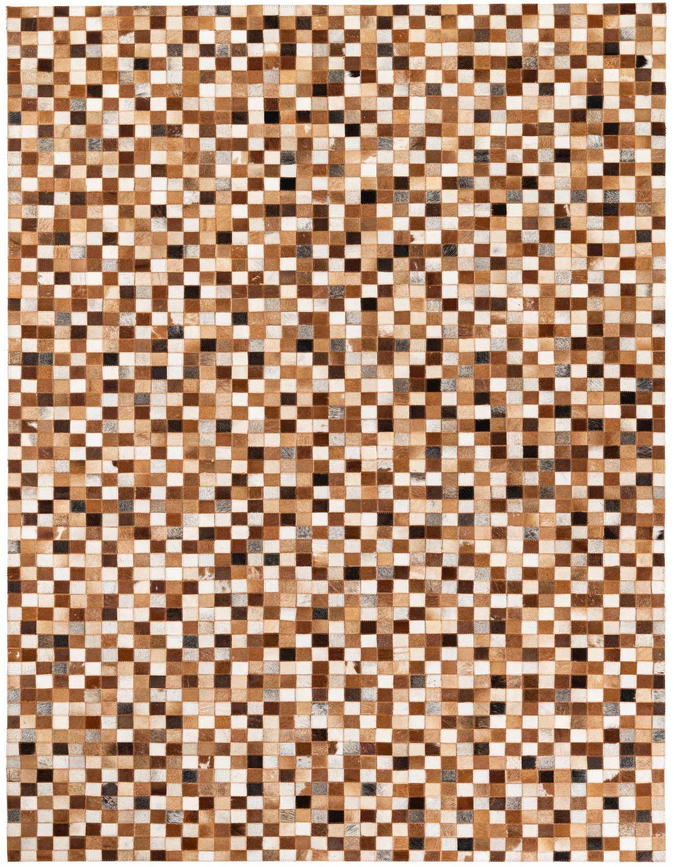 A rectangular 5x8 modern cowhide rug with a multi-colored checkerboard pattern in shades of brown, white, and black.
