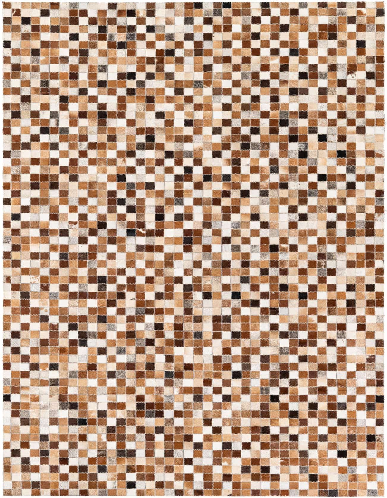 A rectangular 5x8 modern area rug made from multi-colored cowhide and leather patches, featuring a checkered pattern in various shades of brown, tan, and white.
