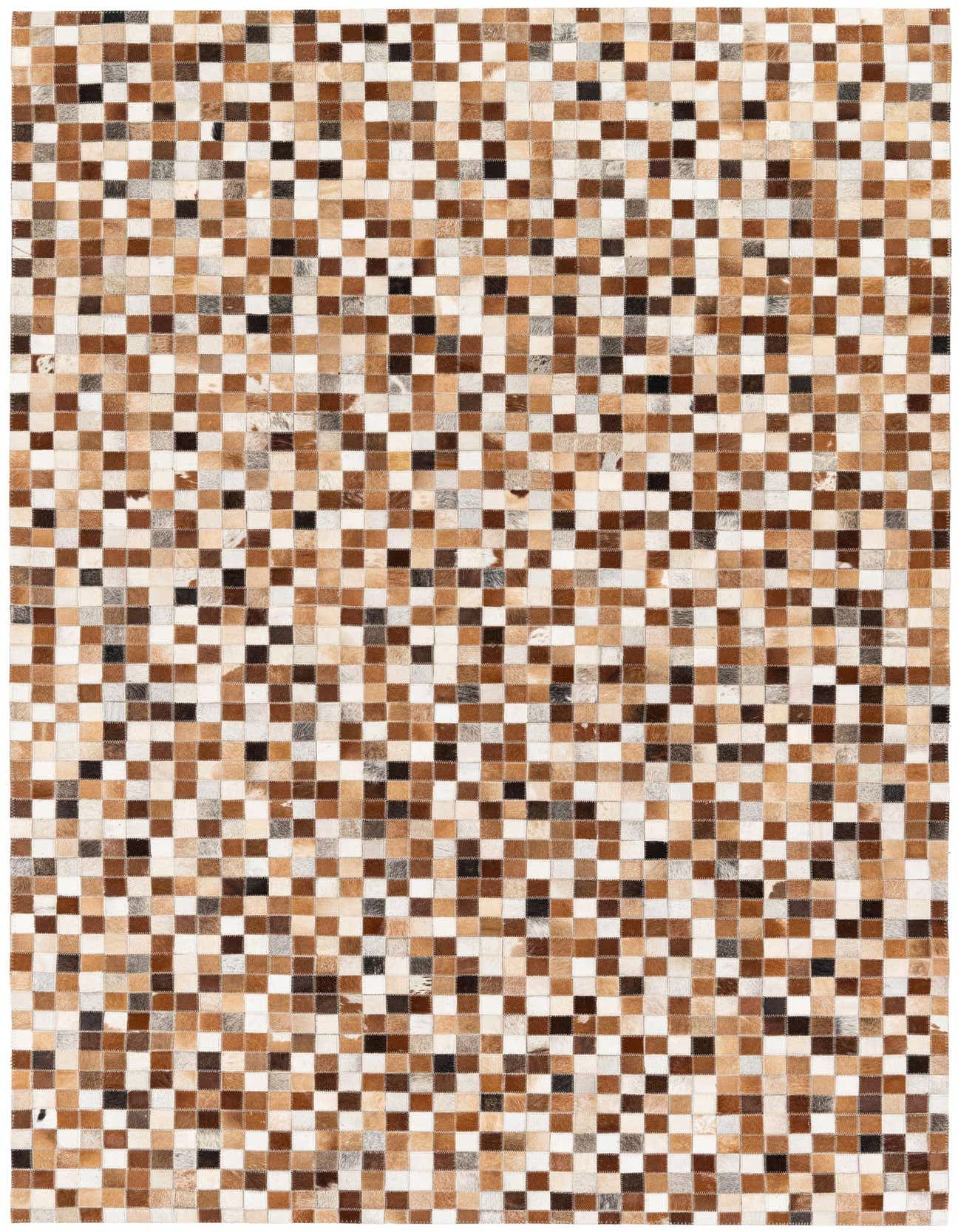 A 5x8 rectangular modern cowhide rug featuring a multi-colored patchwork of brown, white, and black squares.