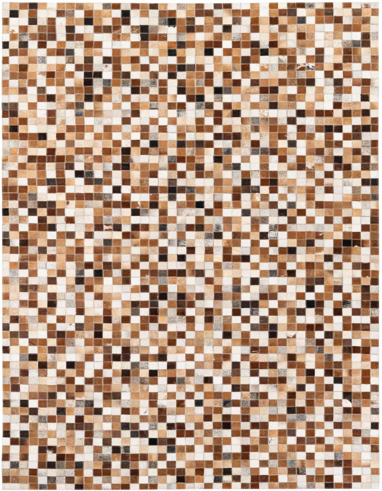 A 5x8 rectangular Cowhide Stocks rug from Rugs.com, featuring a modern patchwork of multi-colored cowhide and leather squares, ideal for a living room.