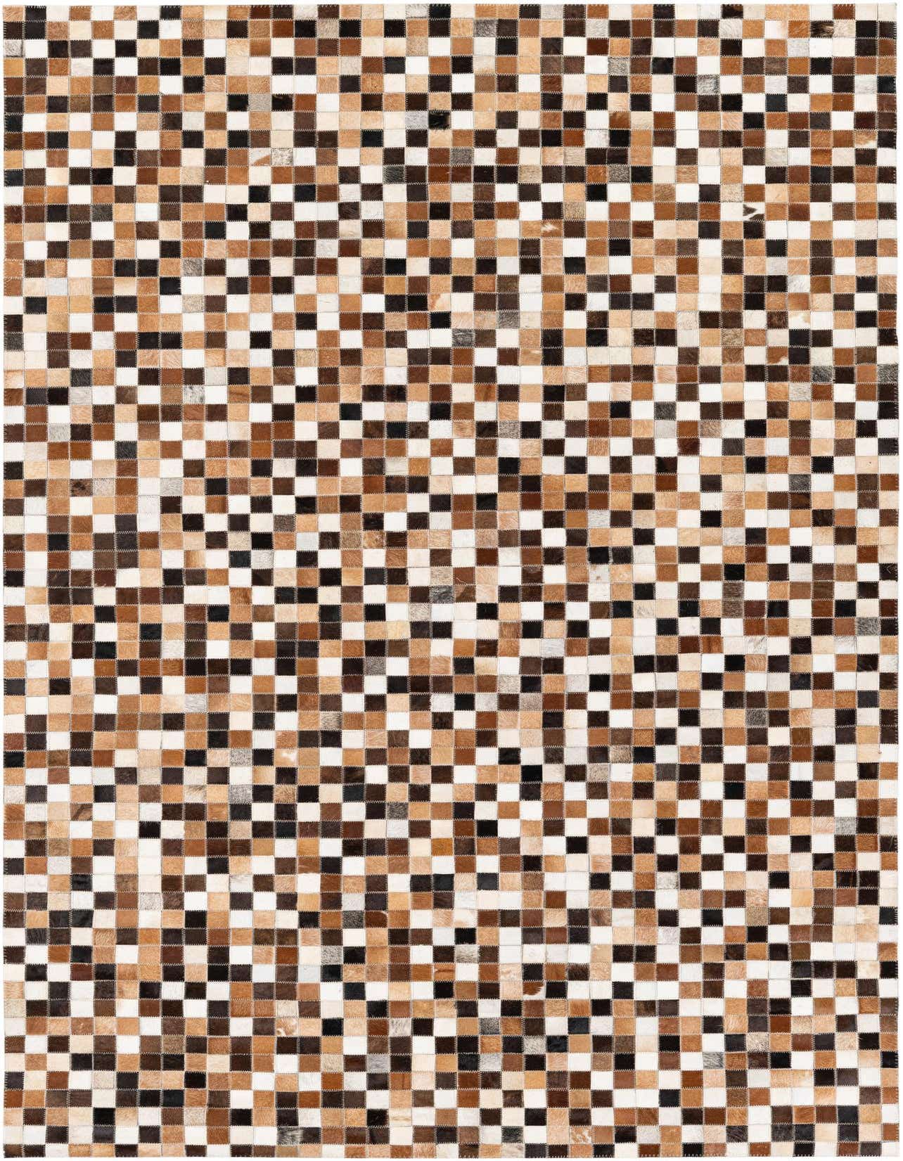 A 5x8 rectangular Cowhide Stocks rug by Rugs.com, featuring a modern patchwork of multi-colored cowhide squares in shades of brown, black, and white.