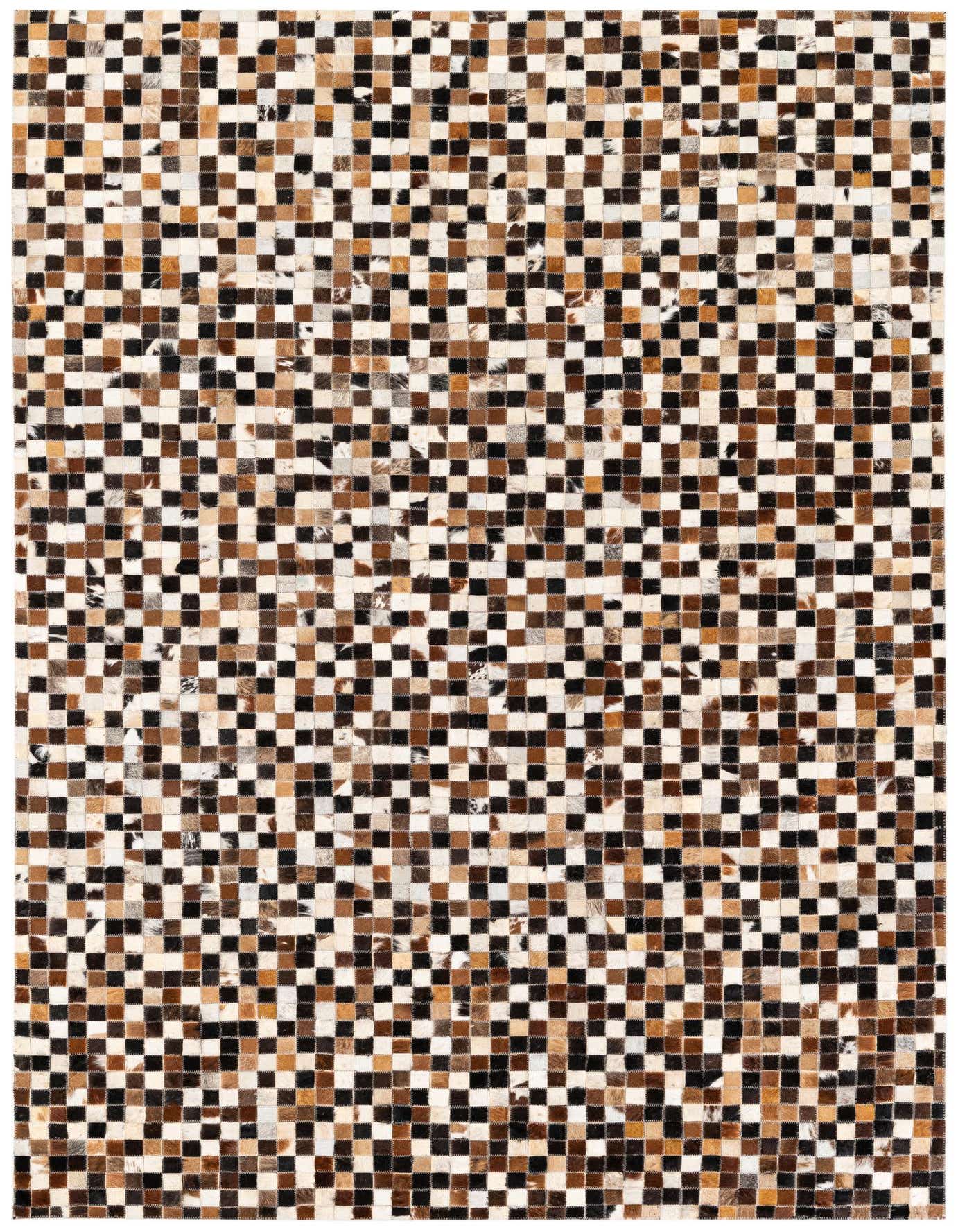 A rectangular 5x8 multi-colored cowhide rug with a checkerboard pattern of brown, black, and white squares.