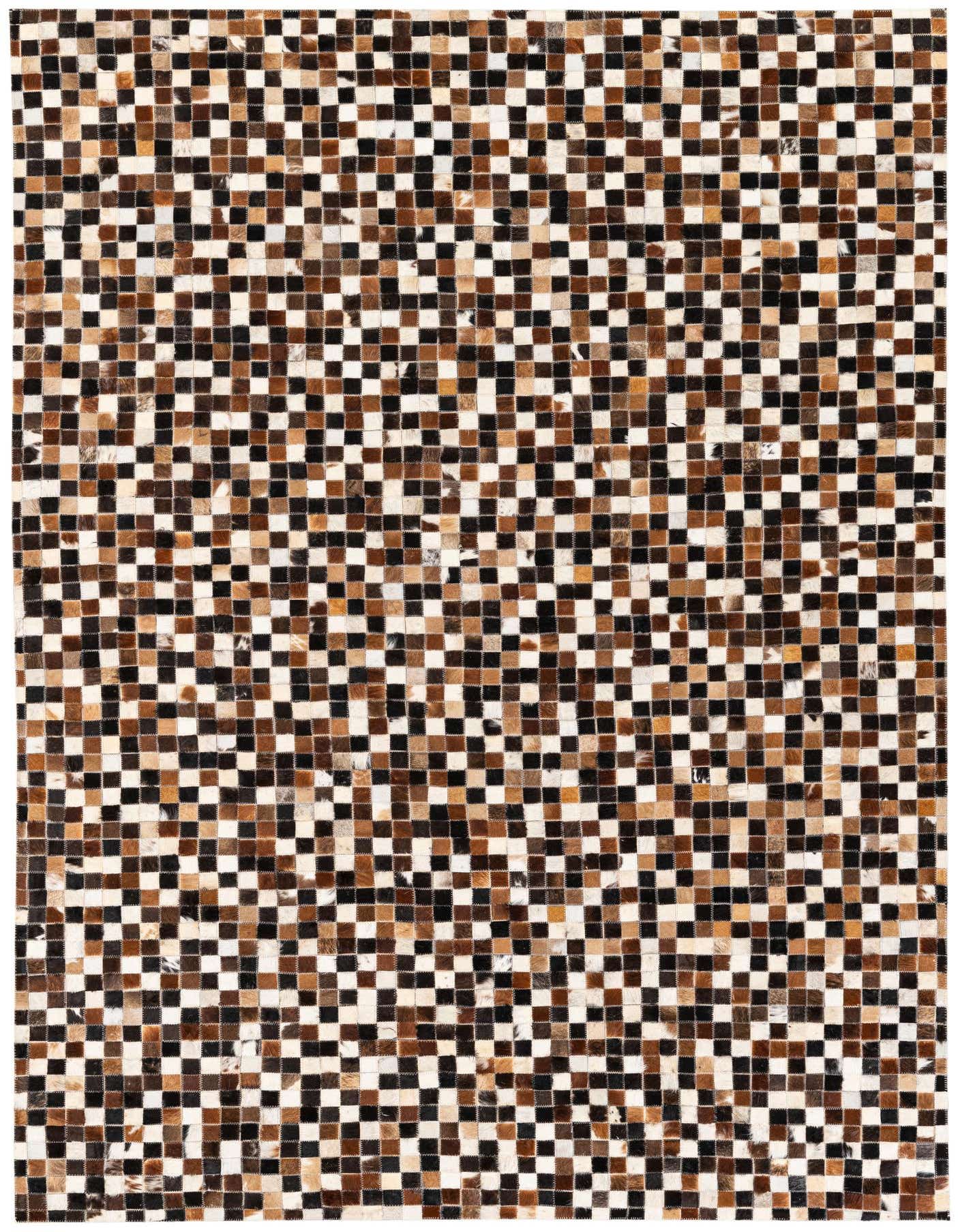 A rectangular 5x8 modern rug made of multi-colored cowhide and leather in a checkerboard pattern.