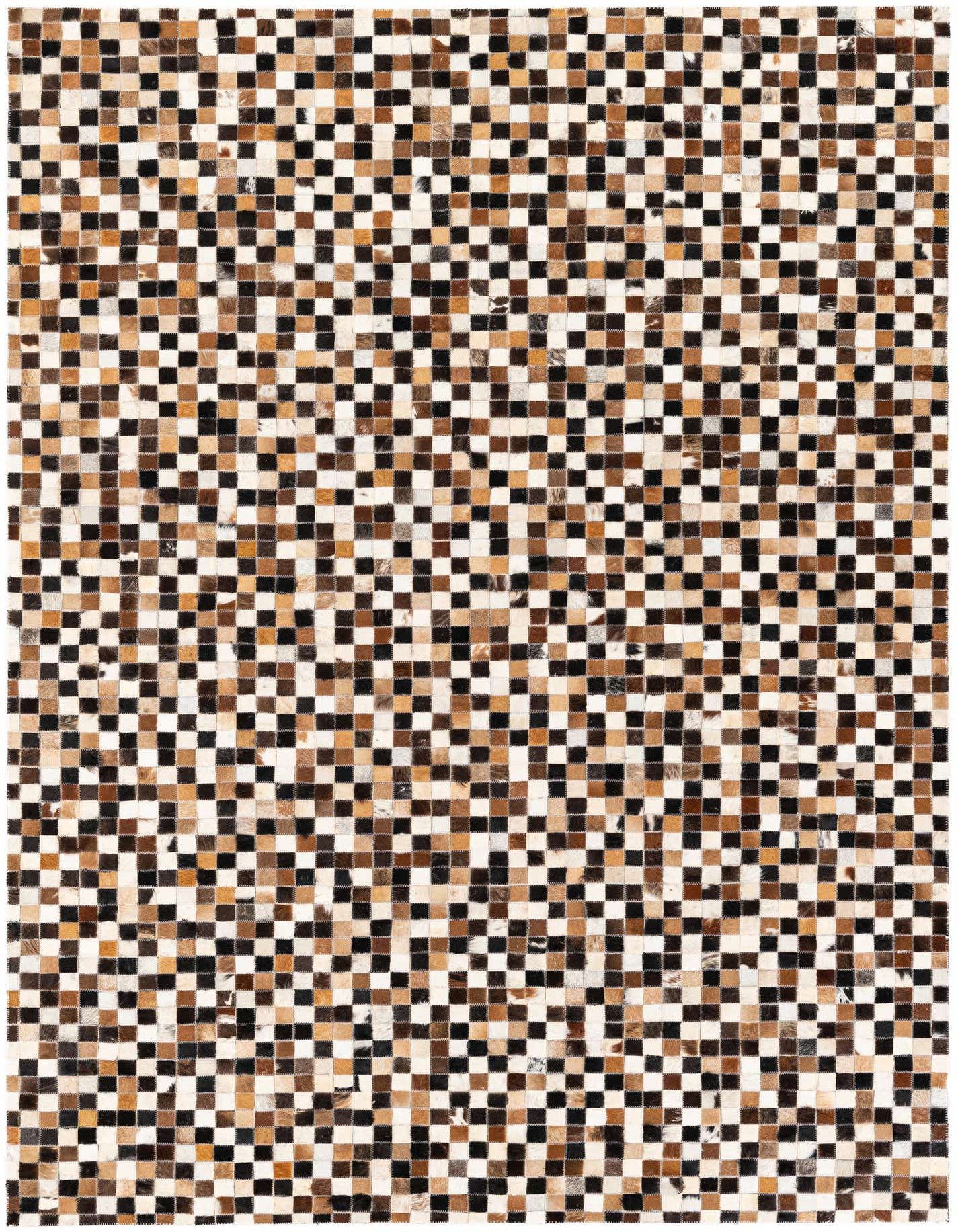 A 5x8 rectangular Cowhide Stocks rug featuring a modern checkered pattern in multi-colored natural cowhide and leather.