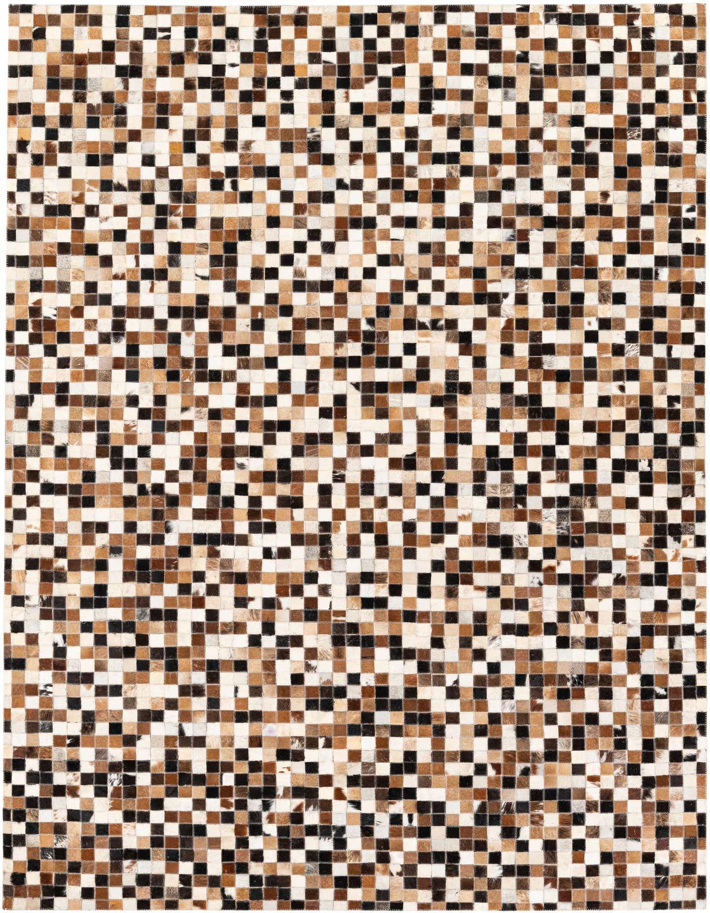 A 5x8 rectangular Cowhide Stocks rug featuring a mosaic pattern of multi-colored squares in various shades of brown, black, and cream.