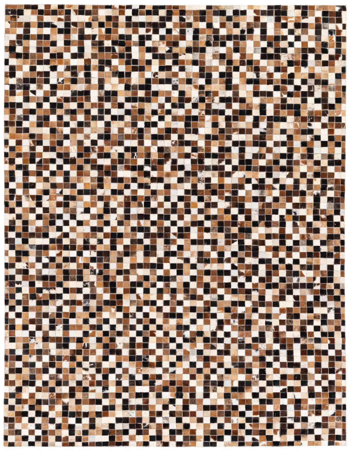 A 5x8 rectangular modern cowhide rug featuring a mosaic pattern of multi-colored squares in shades of brown, black, and white.