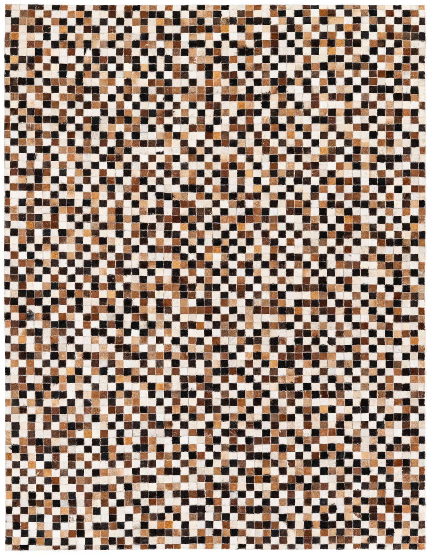 A 5x8 rectangular Cowhide Stocks rug featuring a modern, multi-colored checkerboard pattern of brown, black, and white squares.