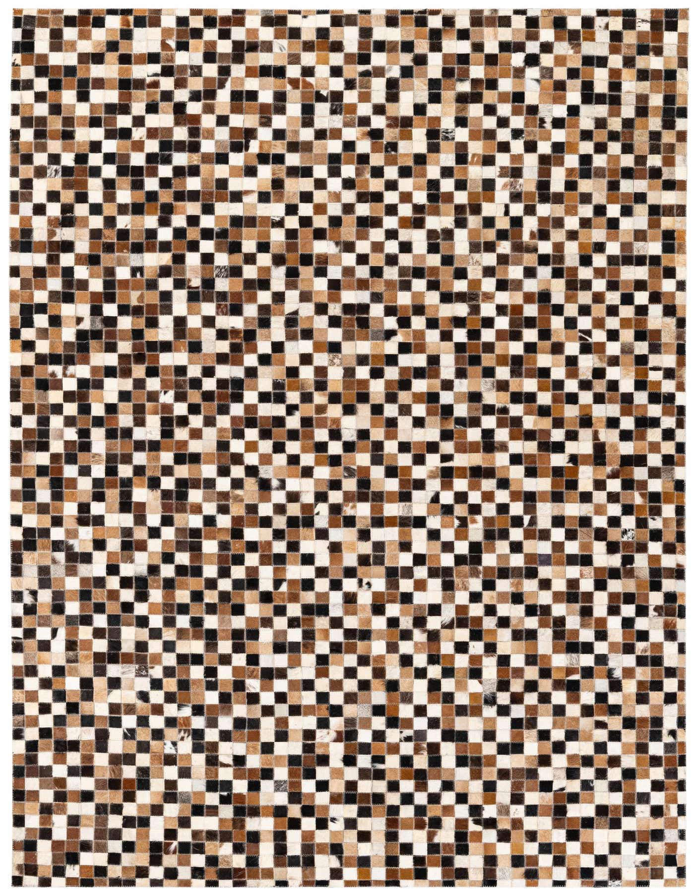 A 5x8 rectangular Cowhide Stocks rug from Rugs.com, featuring a modern checkerboard pattern of multi-colored cowhide patches in shades of brown, black, and cream.