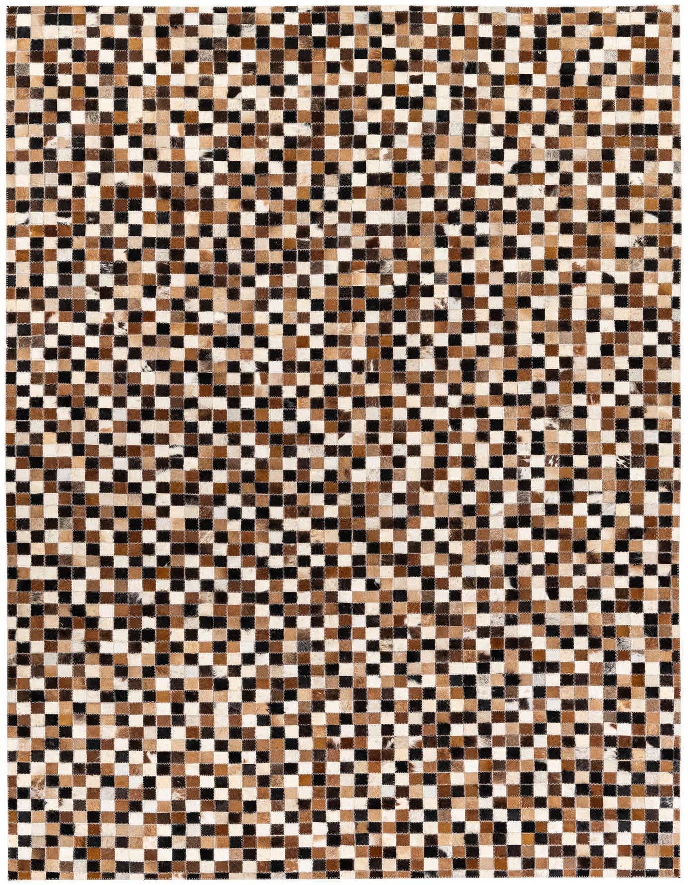 A rectangular 5x8 modern cowhide rug featuring a multi-colored checkerboard pattern in shades of brown, black, and white.