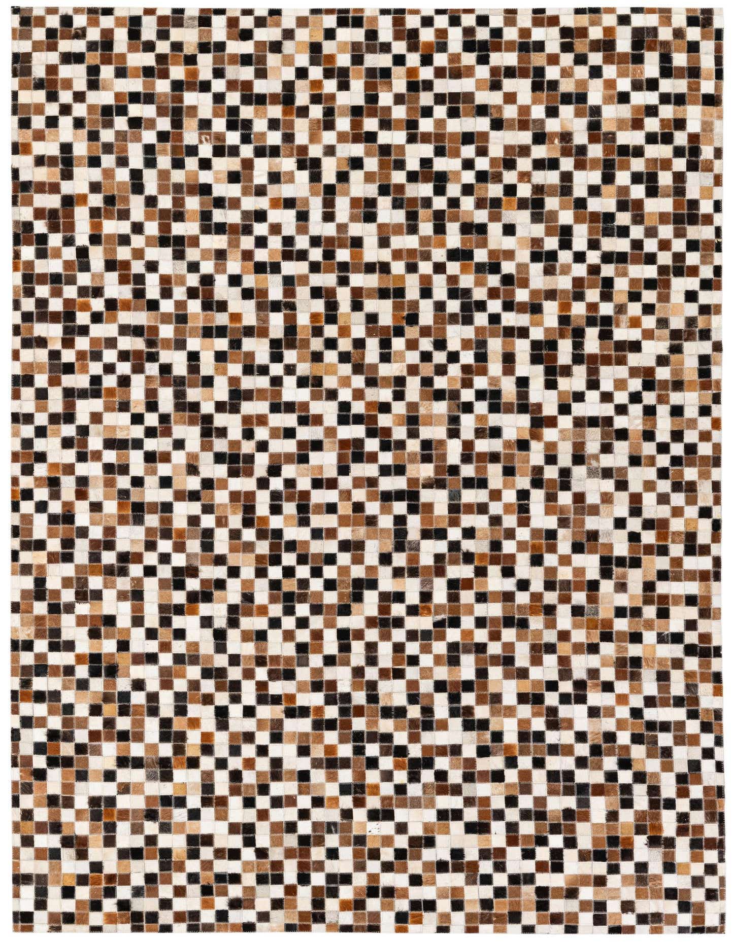 A 5x8 rectangular modern rug with a multi-colored patchwork pattern of brown, black, and white cowhide squares.