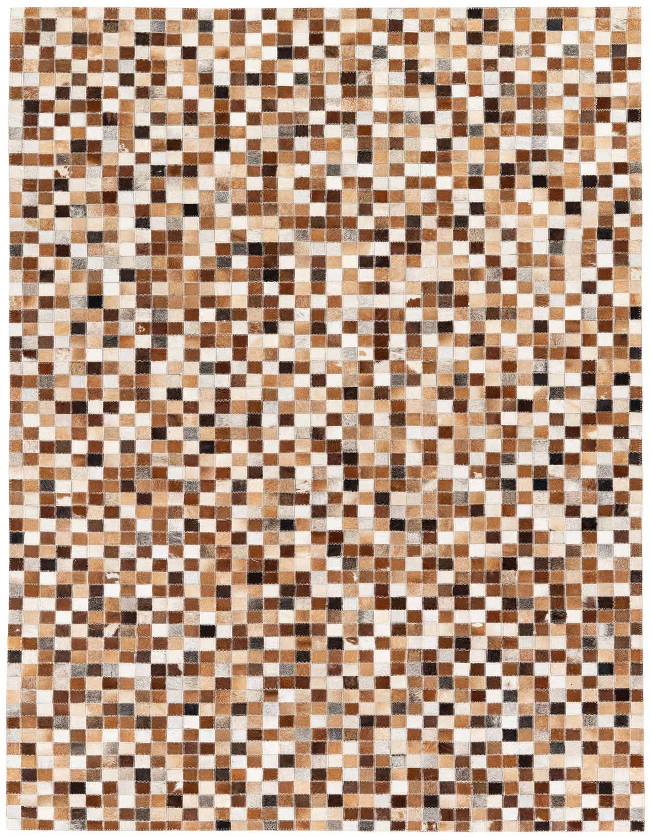 A 5x8 rectangular Cowhide Stocks rug featuring a modern patchwork of multi-colored cowhide and leather squares.