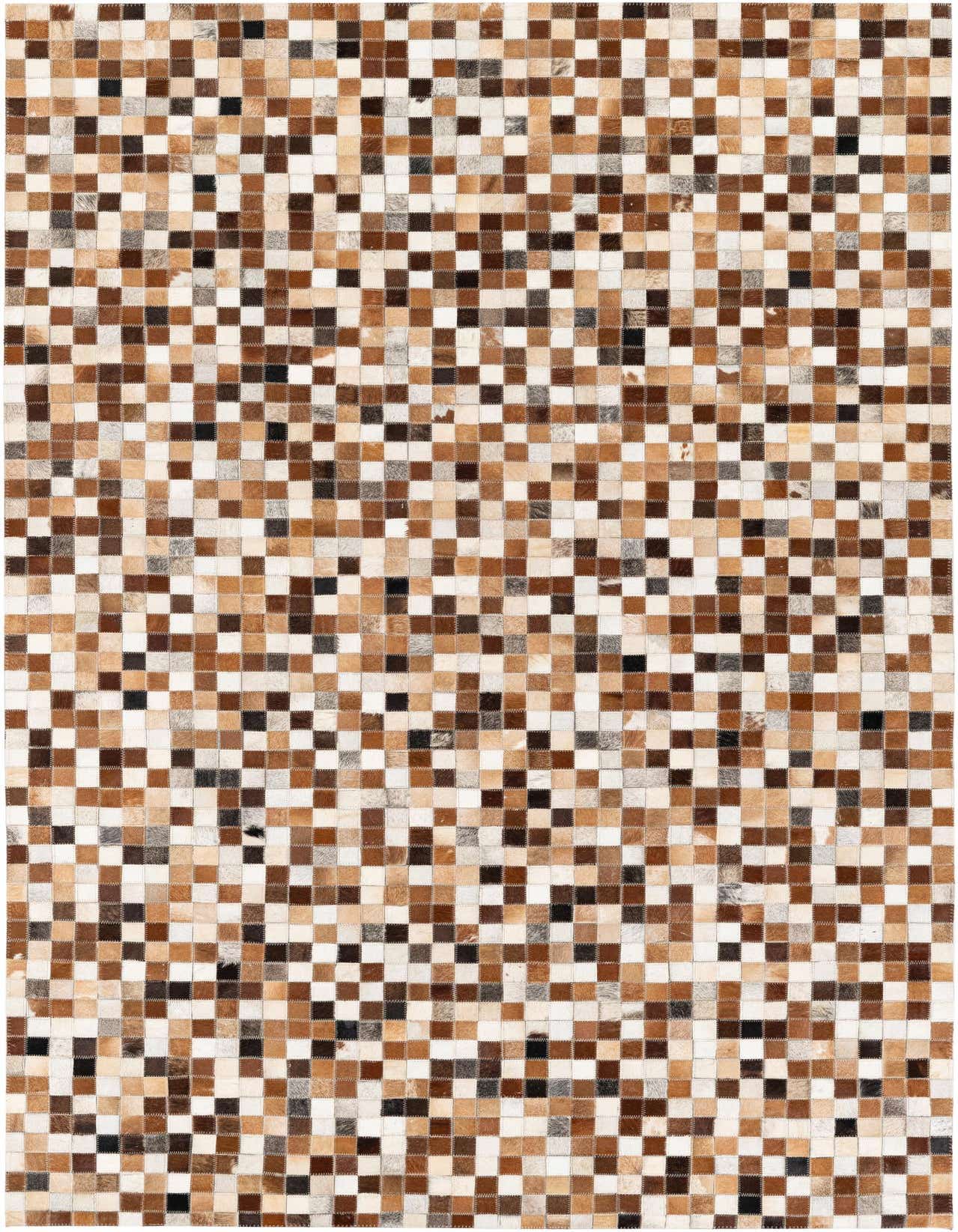 A 5x8 rectangular Cowhide Stocks rug featuring a modern patchwork of multi-colored squares in various shades of brown, white, and black.