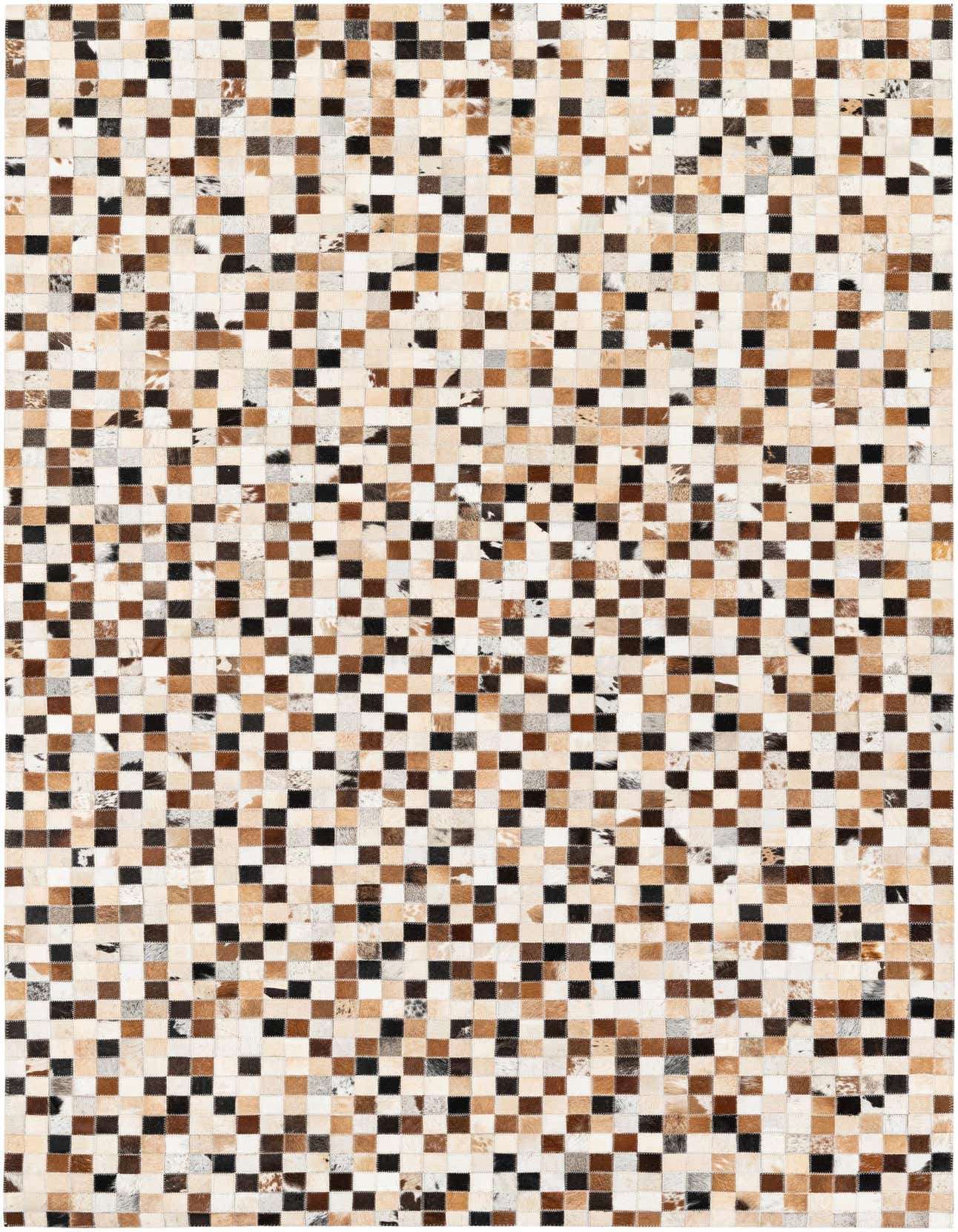 A 5x8 rectangular Cowhide Stocks rug by Rugs.com, featuring a modern patchwork of multi-colored cowhide squares in shades of brown, black, and white.