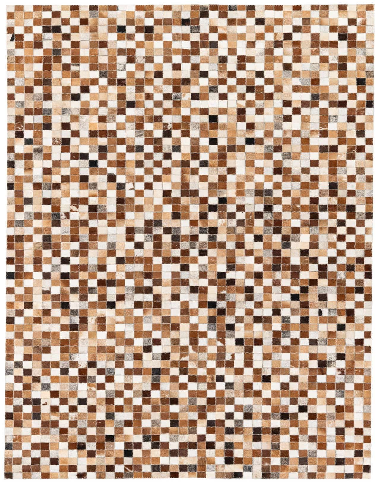 A 5x8 rectangular Cowhide Stocks rug featuring a modern patchwork of multi-colored cowhide squares in shades of brown, white, and black.