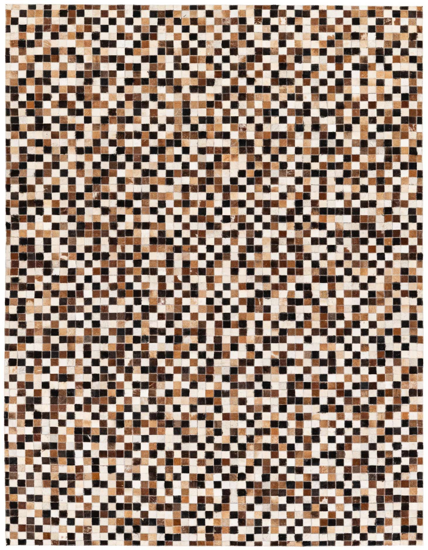 A 5x8 rectangular Cowhide Stocks rug from Rugs.com, featuring a modern multi-colored checkerboard pattern in shades of brown, black, and white.