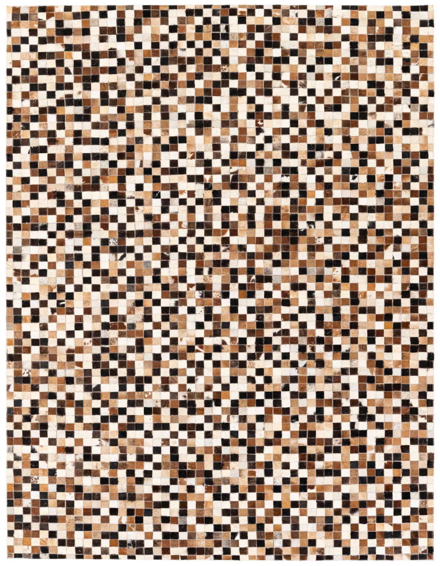 A 5x8 rectangular Cowhide Stocks rug featuring a modern patchwork of multi-colored cowhide squares in shades of brown, black, and white.