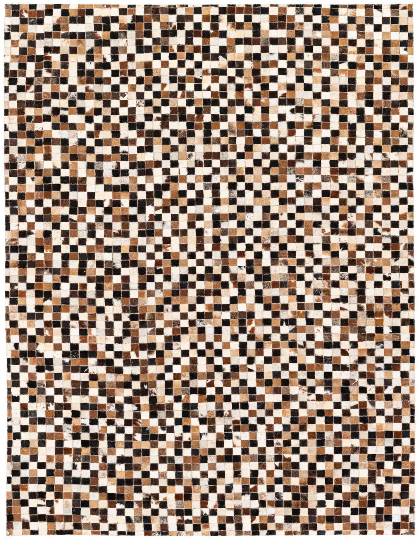 A 5x8 rectangular Cowhide Stocks rug by Rugs.com, featuring a modern multi-colored checkerboard pattern of brown, black, and white cowhide squares.