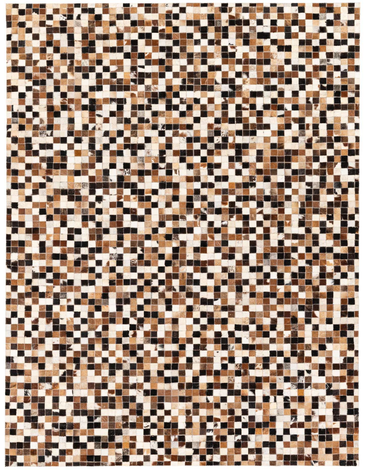 A 5x8 rectangular Cowhide Stocks rug from Rugs.com with a modern, multi-colored checkered pattern in brown, black, and white tones.