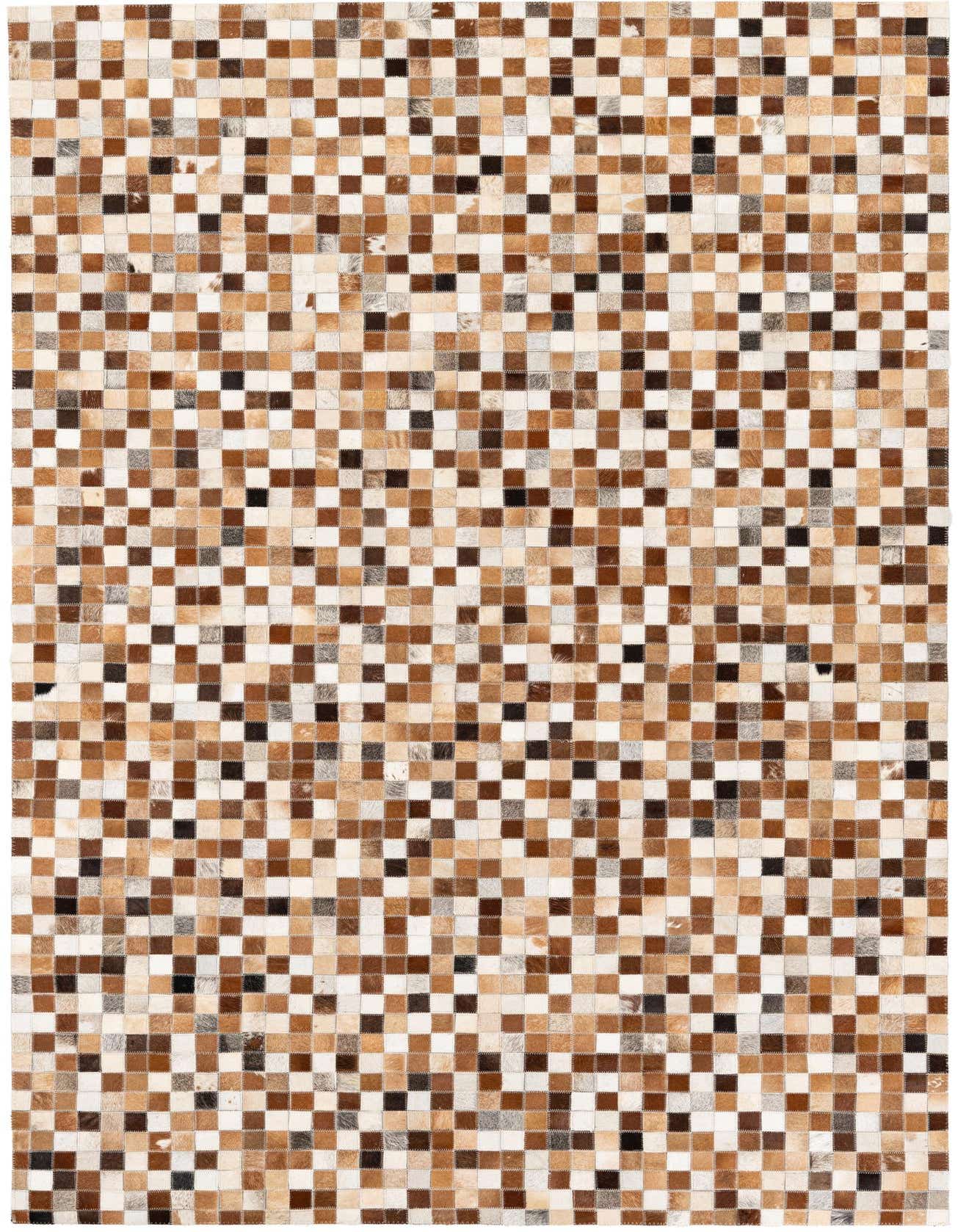 A rectangular 5x8 modern cowhide rug featuring a multi-colored patchwork of brown, white, and black squares.