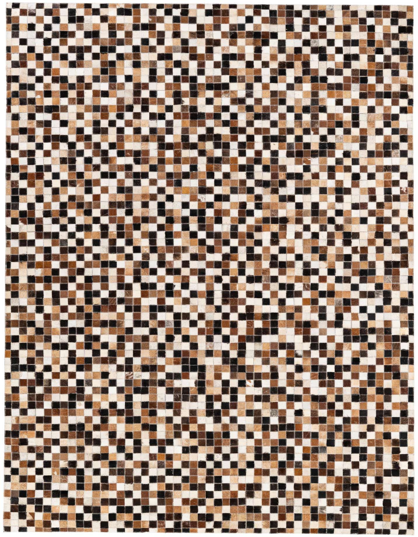 A 5x8 rectangular Cowhide Stocks rug featuring a patchwork geometric pattern in multi-colored natural cowhide and leather squares.