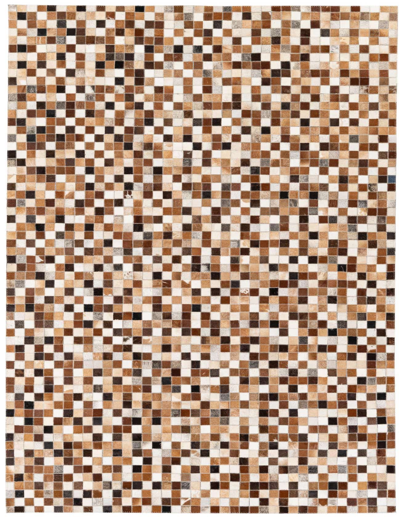 A 5x8 rectangular Cowhide Stocks rug featuring a modern patchwork of multi-colored squares in various shades of brown, black, and white.
