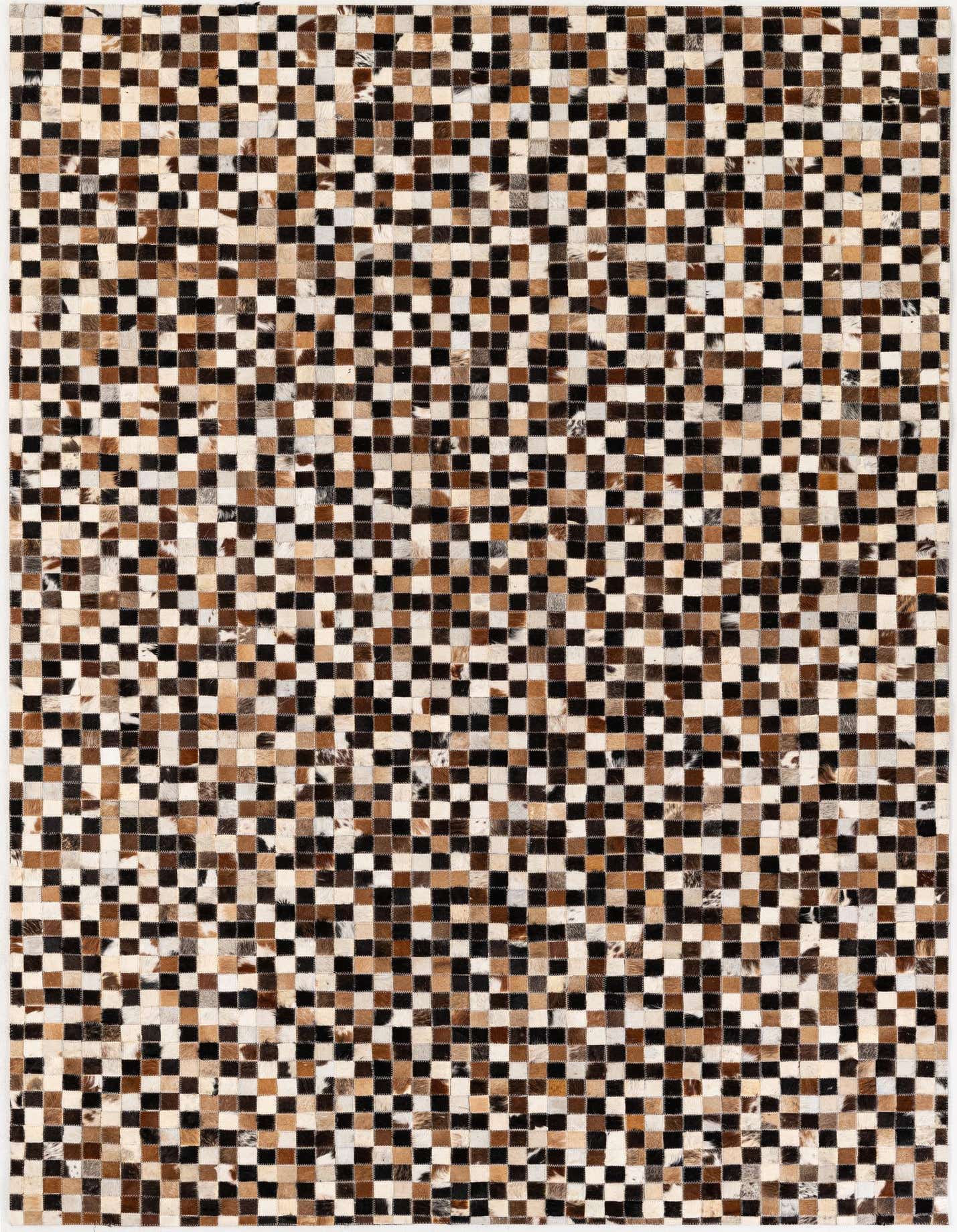 A 5x7 rectangular cowhide rug featuring a modern plaid pattern in multi-colored squares of black, brown, and cream.