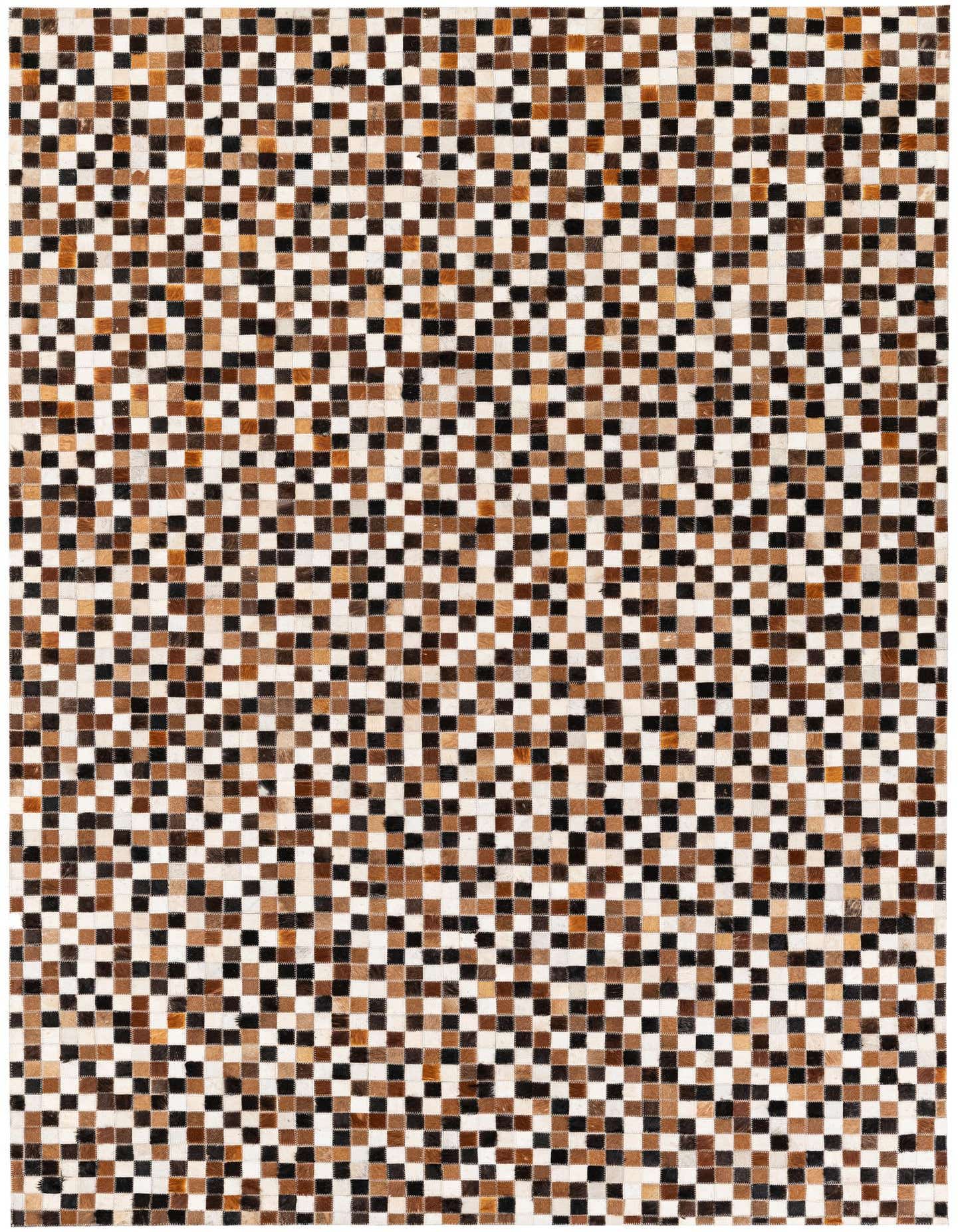 A 5x8 rectangular Cowhide Stocks rug featuring a modern mosaic pattern of multi-colored squares in brown, black, and white tones.